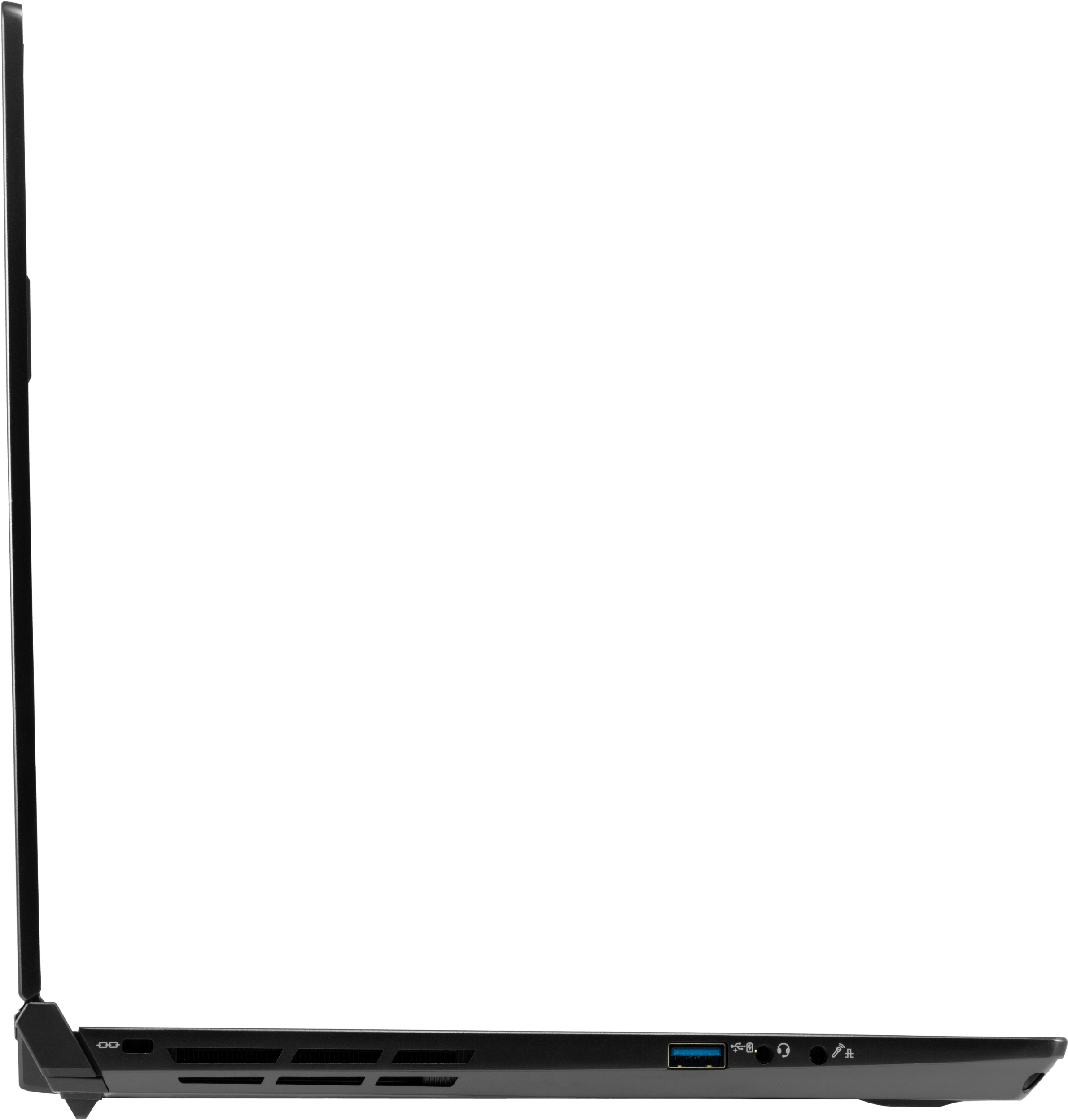 A left profile view of the Oryx Pro laptop’s ports, namely Kensington Lock, microSD, USB, mic jack, and audio jack.