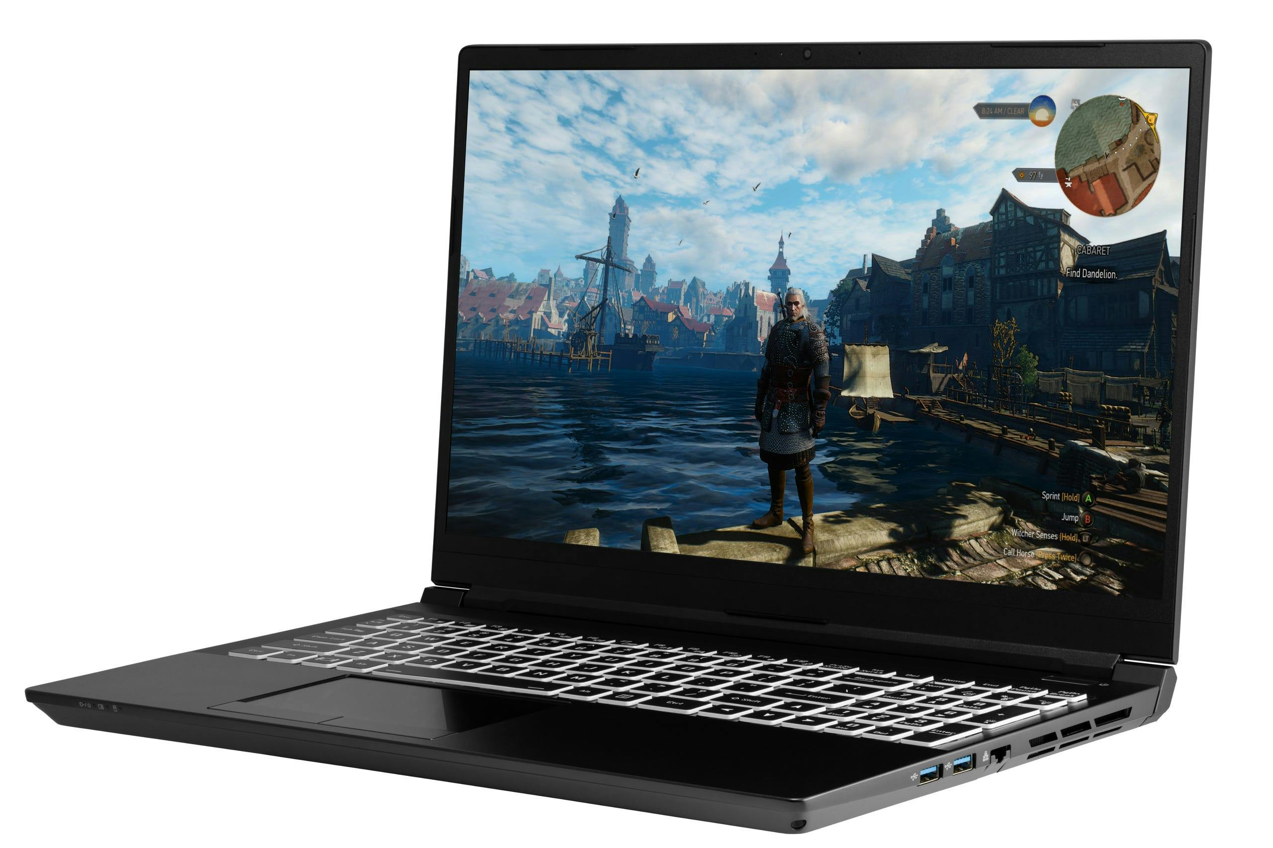 An angled view of the Oryx Pro laptop running the Witcher 3 video game at max settings.
