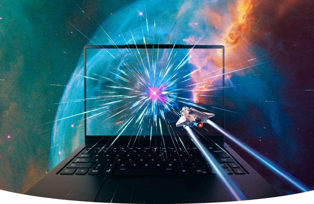 Ultraportable Lemur Pro laptop in space with futuristic spacecraft going into hyperspeed towards a distant star in the monitor of the laptop