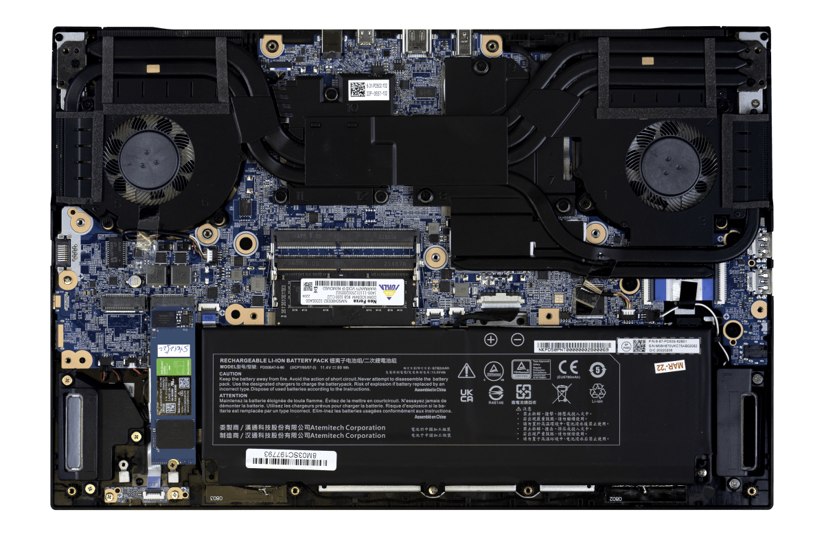 The inner workings of the Oryx Pro laptop, with all hardware exposed. 