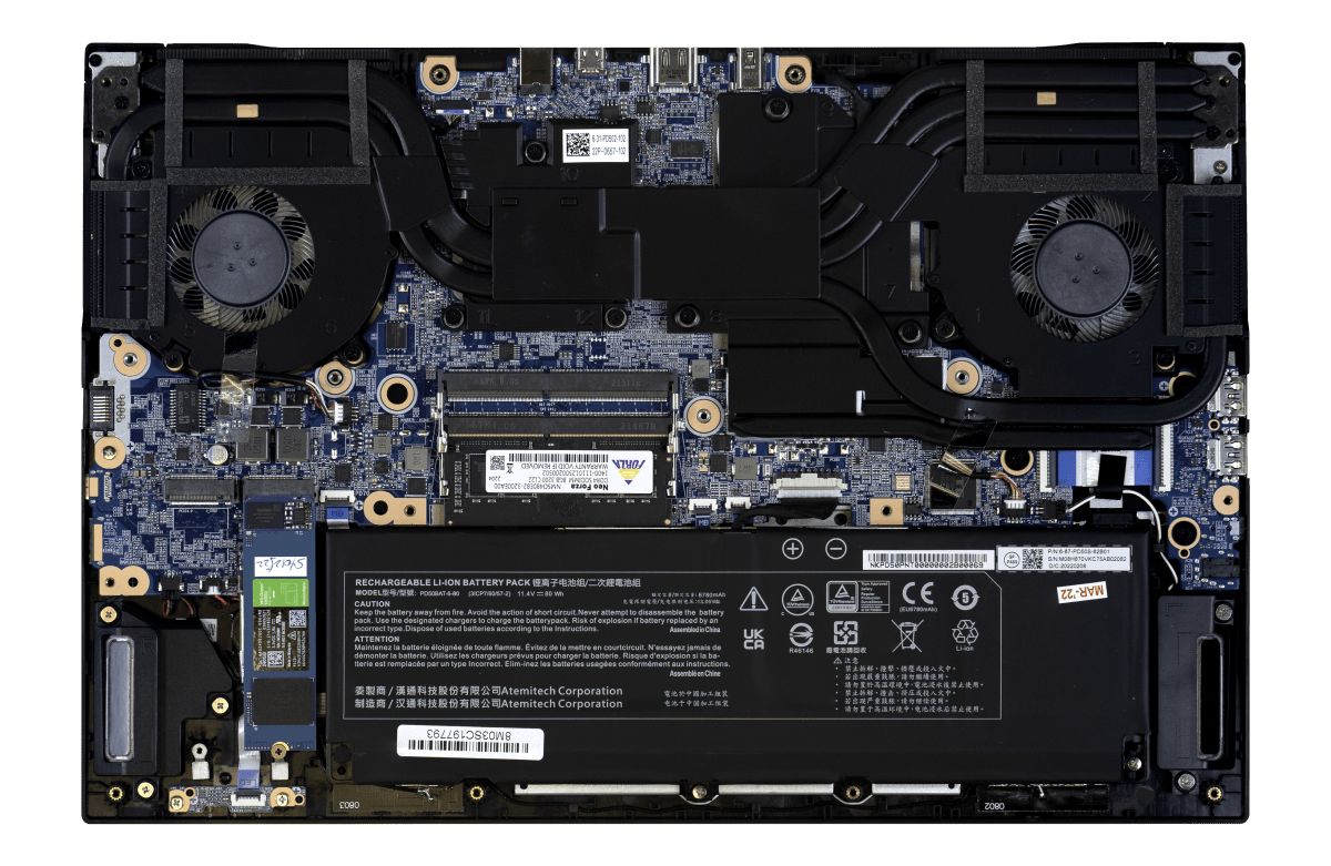 The inner workings of the Oryx Pro laptop, with all hardware exposed.