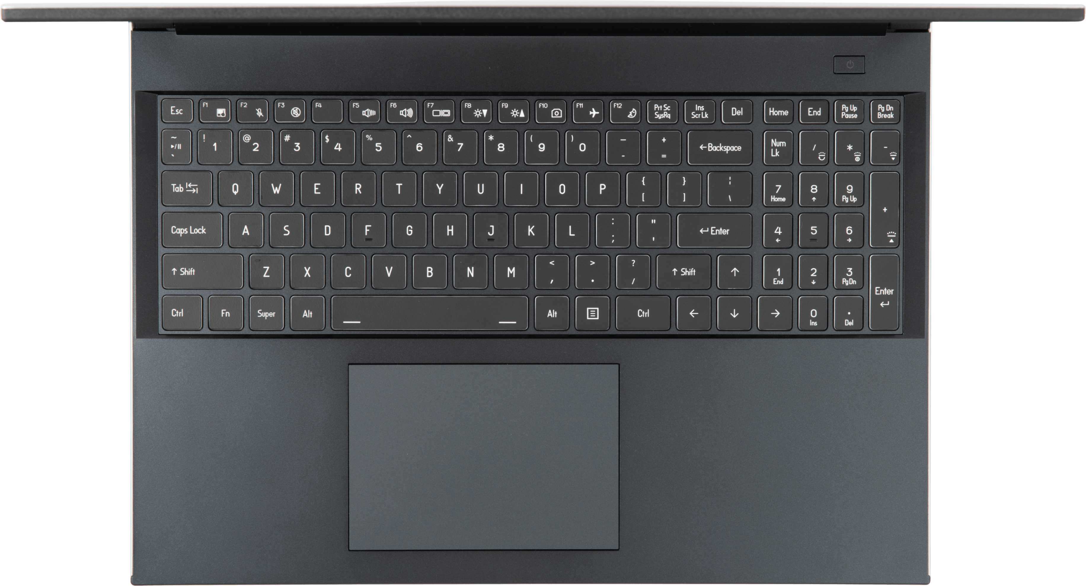 A top-down view of the Darter Pro laptop’s tactile numeric keyboard and large trackpad.
