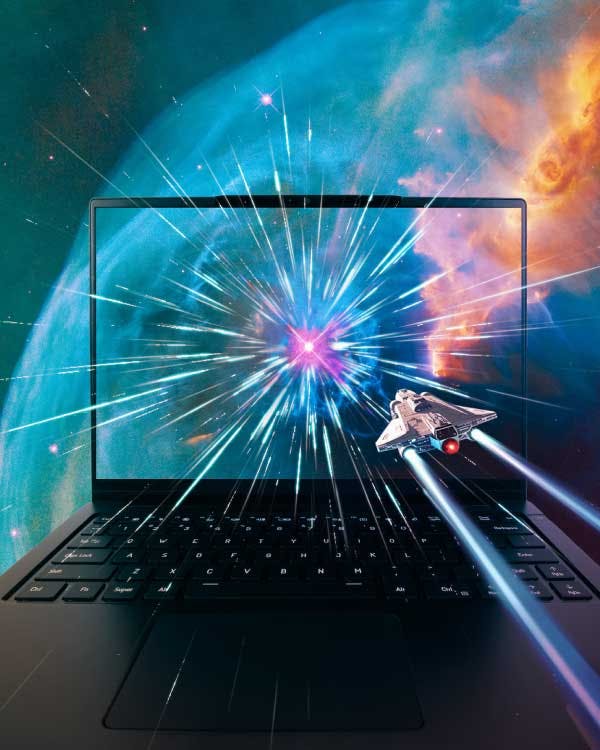 Lemur Pro laptop opened surrounded by a space landscape. A futuristic spaceship initiates hyper speed into it's screen towards a distant star.
