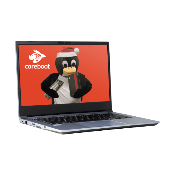 Galago Pro laptop quarter-turned right with coreboot and Tux the penguin with a santa hat as a wallpaper