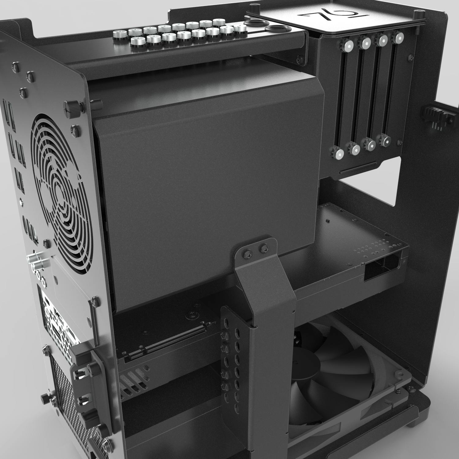 Close view of the machine interior with GPU and intake fan.