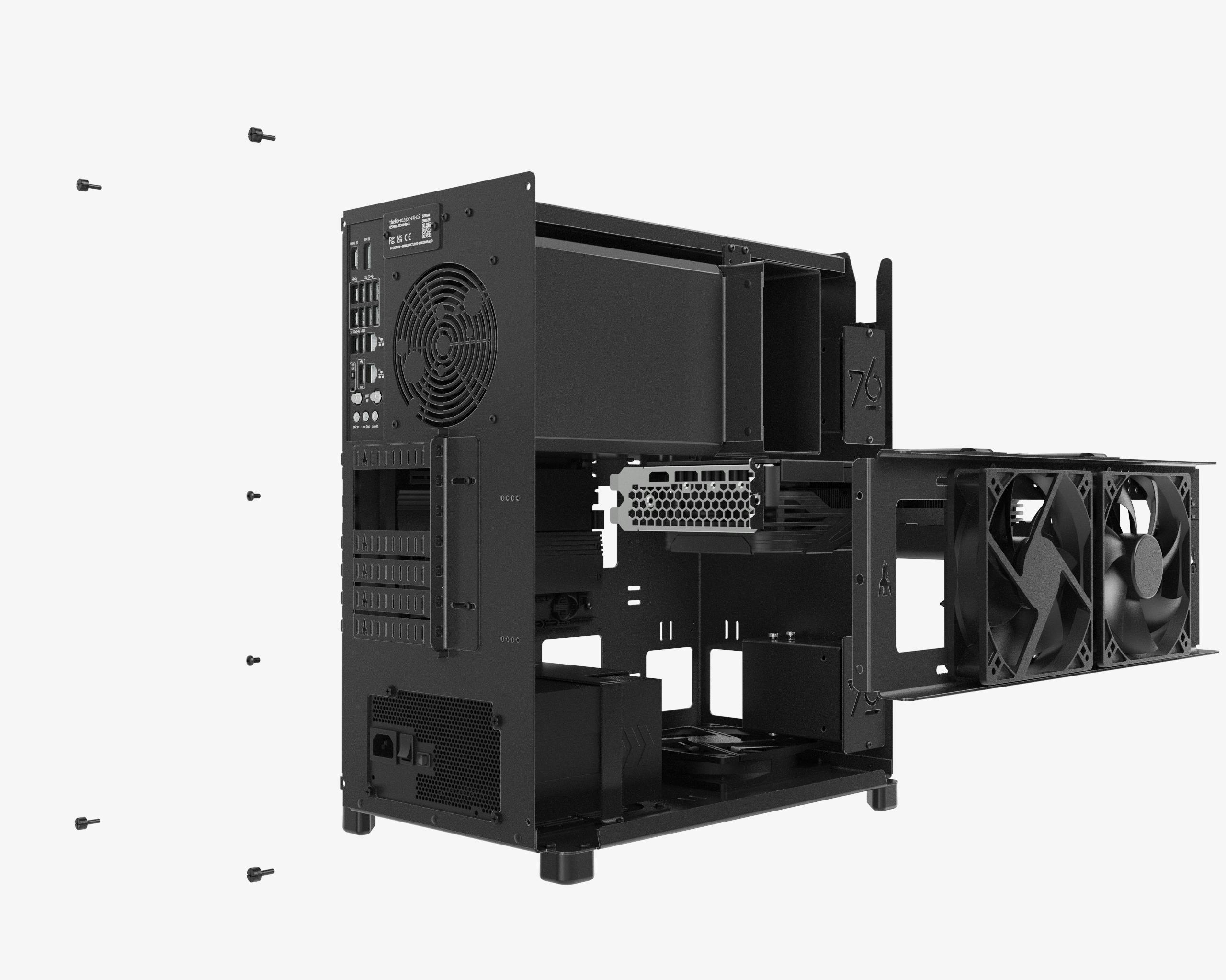 This gif shows the ease of repairability of the desktop. Removing the CPU cooling duct and GPU cooling brace give you access to swapping or upgrading components. Hot swap 2.5" storage drives can be swapped in seconds.