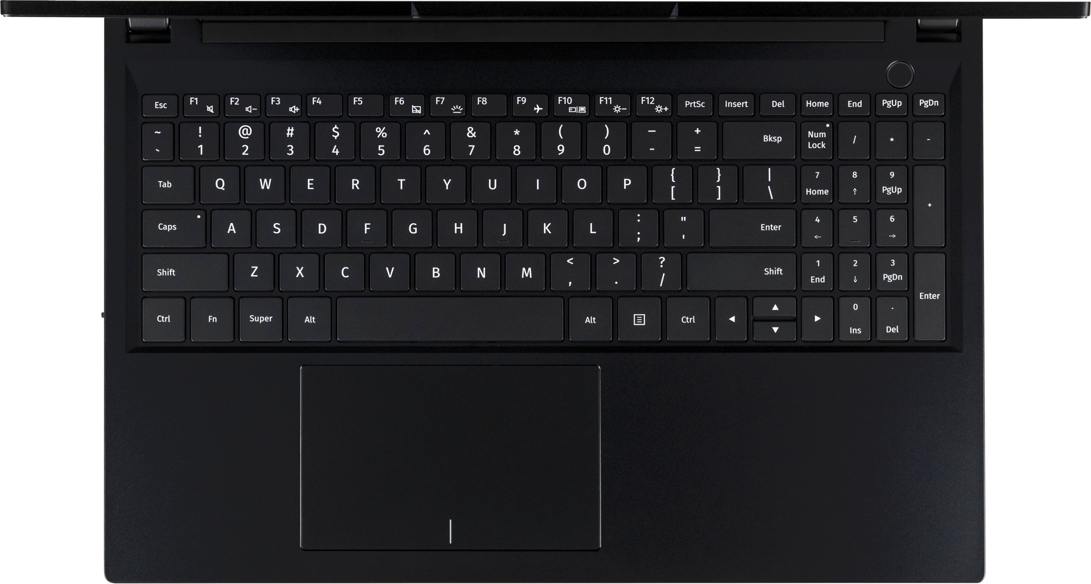 A top-down view of the Pangolin laptop’s touchpad and 10-key chiclet keyboard.
