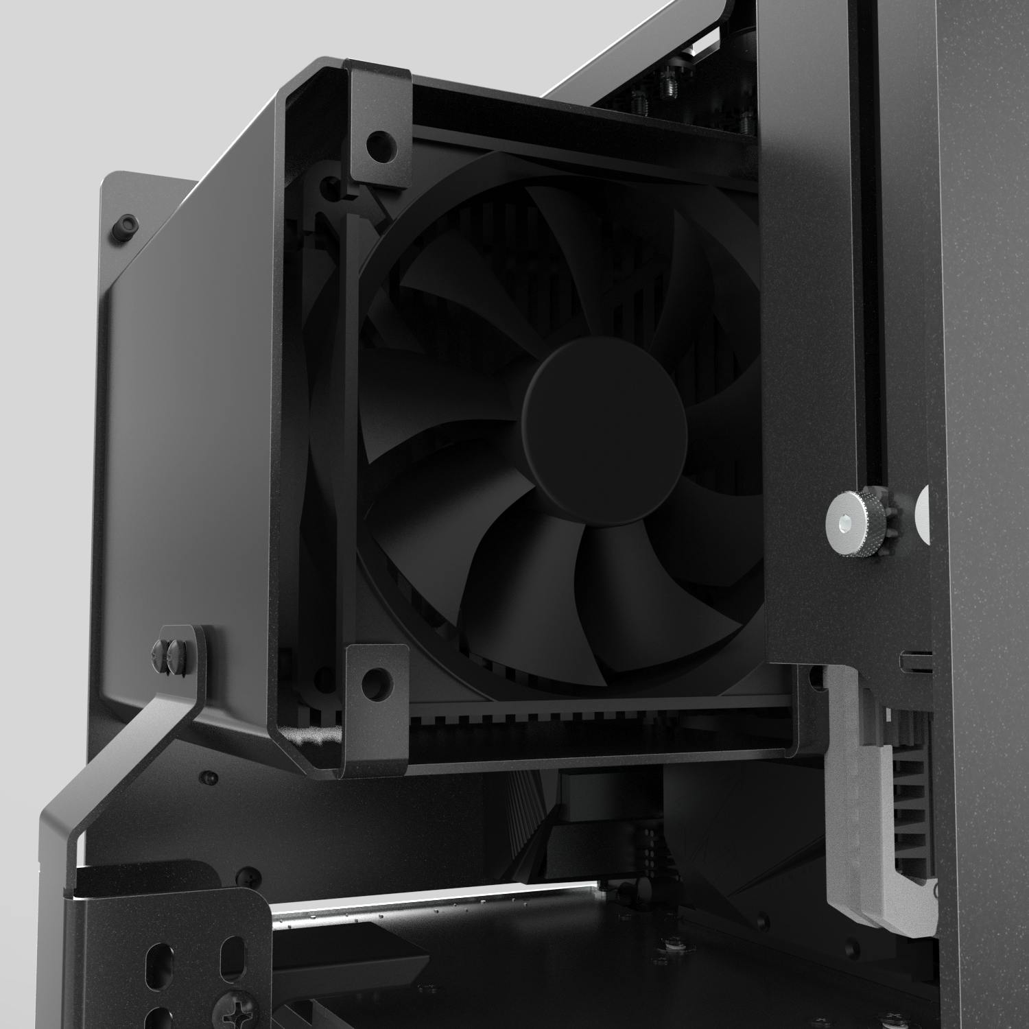 Detail of the CPU cooling duct with fan.