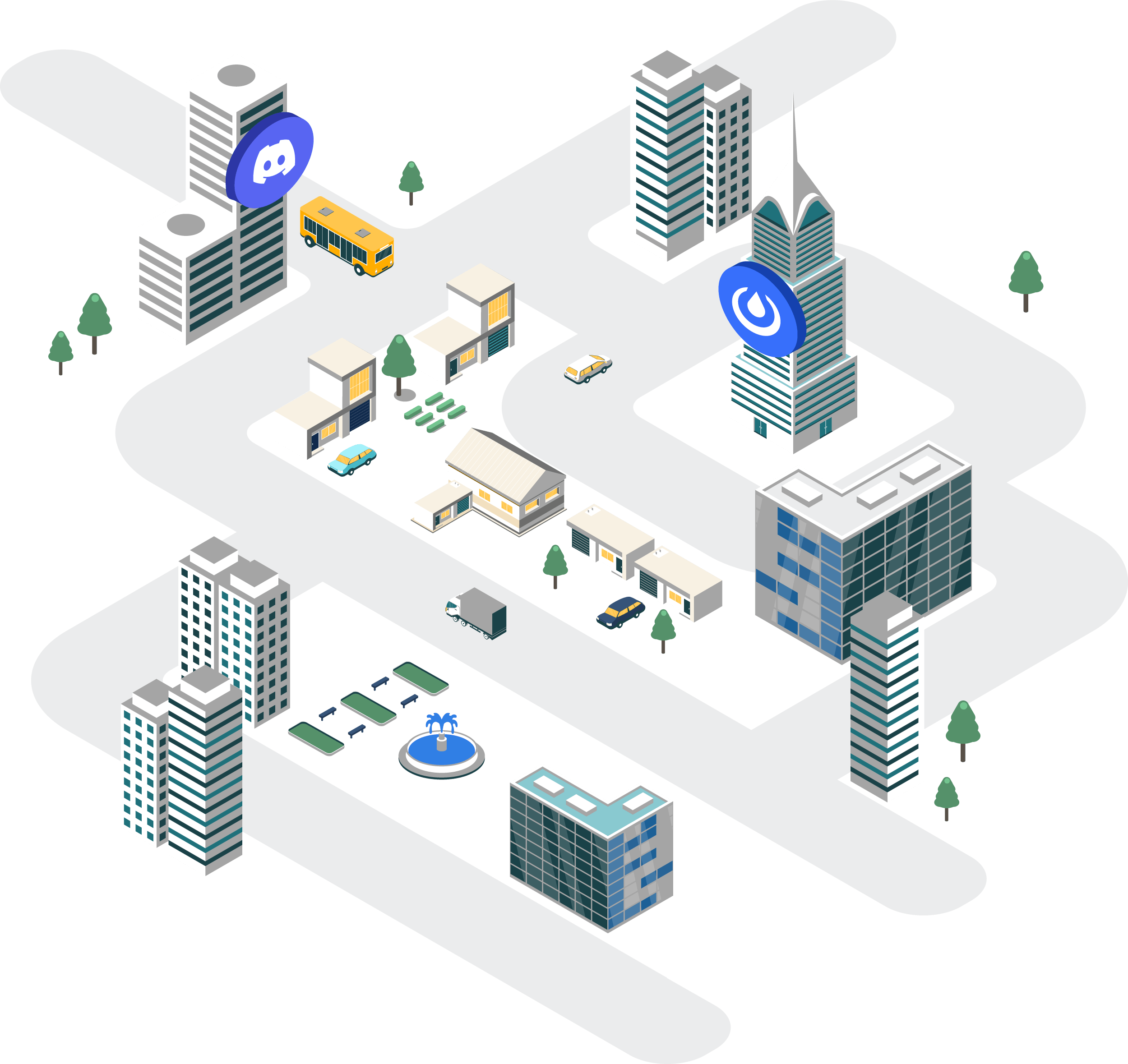An isometric illustrated city with houses and buildings. One of the buildings features the Discord logo and another the Mattermost logo