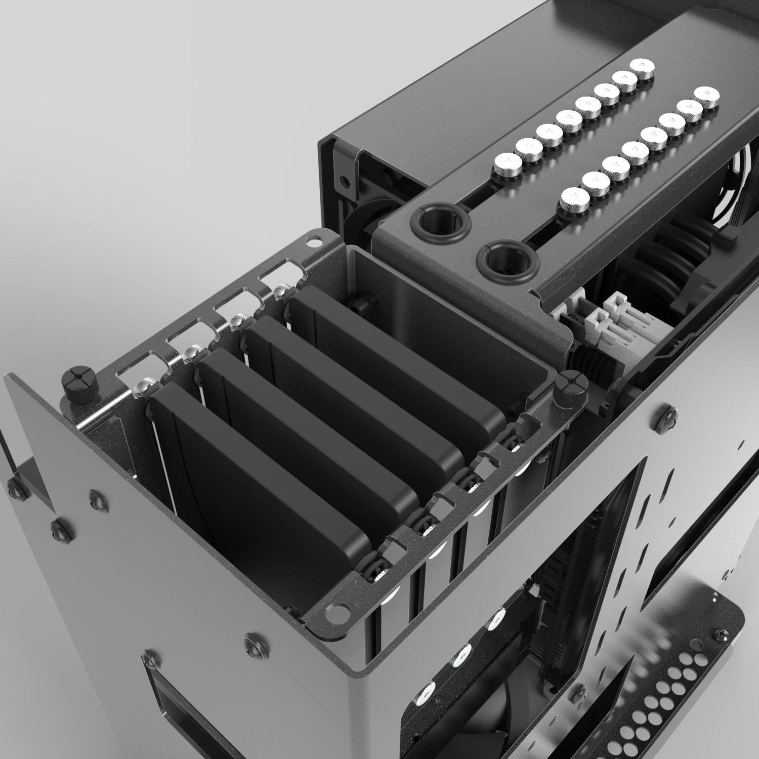 Detail of the machine interior showing storage drives inside the aluminum cage.