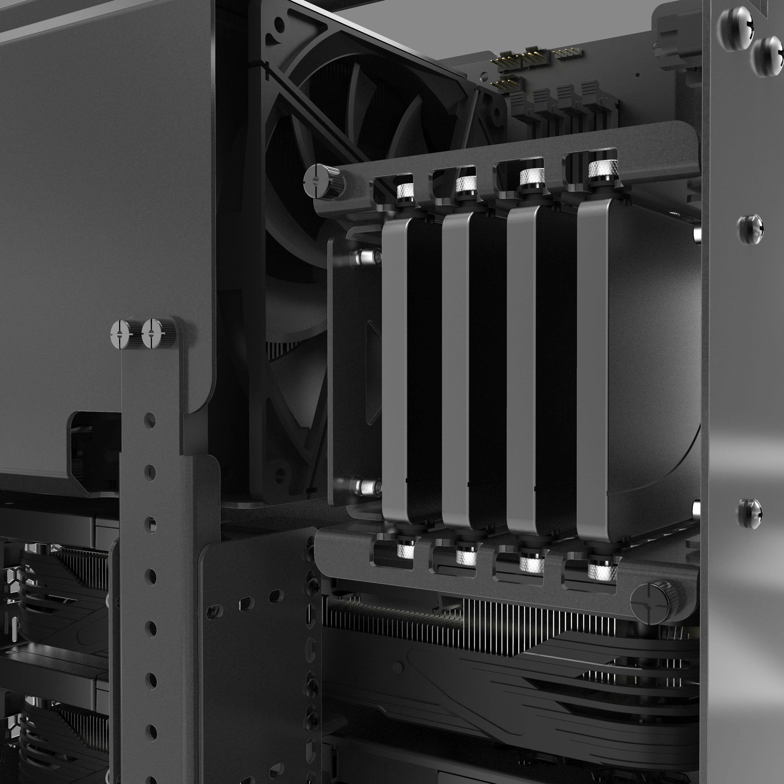Detail of the machine interior showing storage drives inside the aluminum cages.
