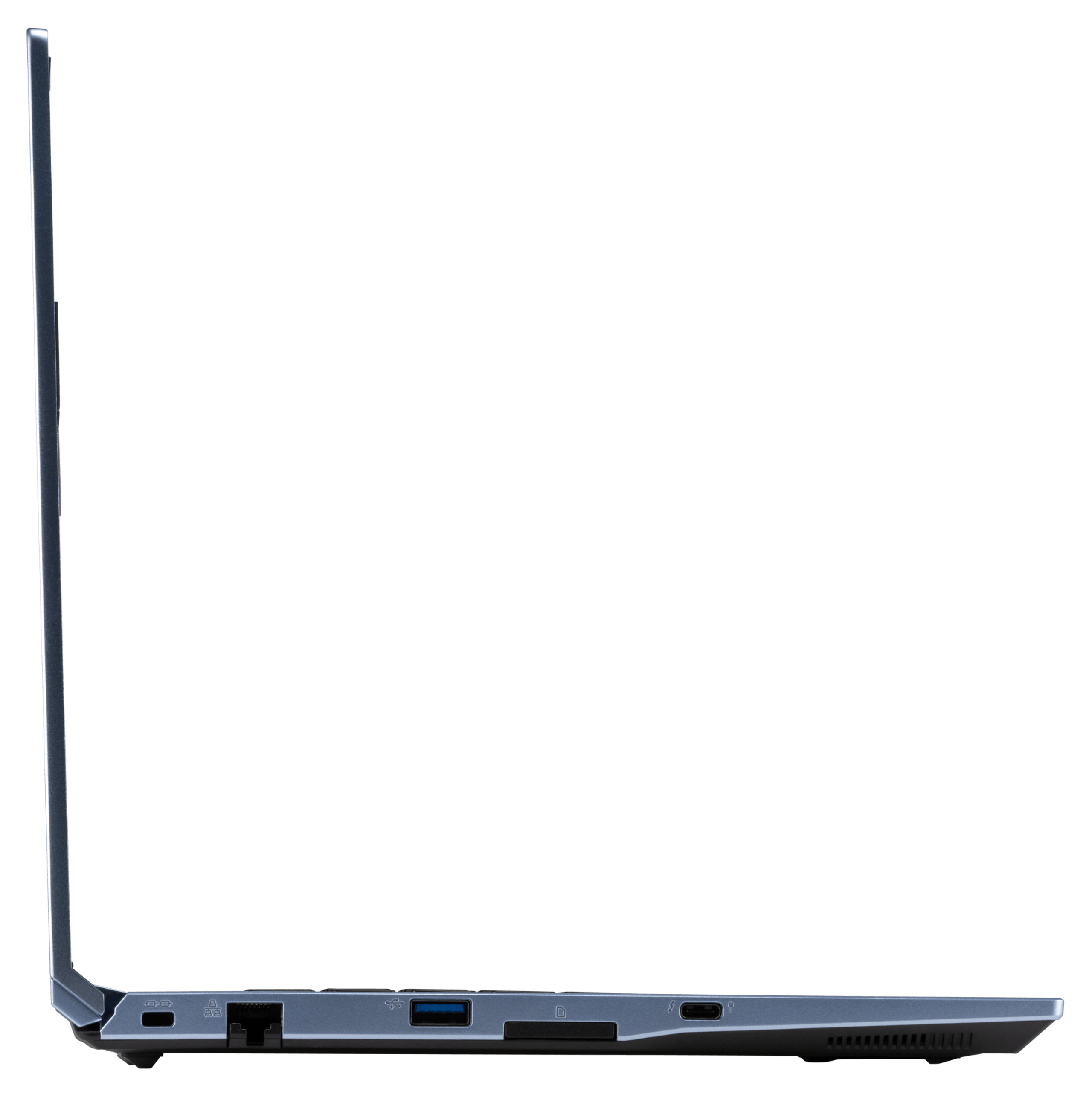 A left profile view of the Galago Pro laptop’s ports, namely Kensington Lock, Ethernet, USB, SD card slot, and Thunderbolt.