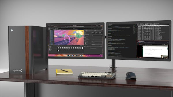 ThelioMajor computer on a desk with Launch keyboard, mouse and duel monitor showing an animation project in Pop!_OS
