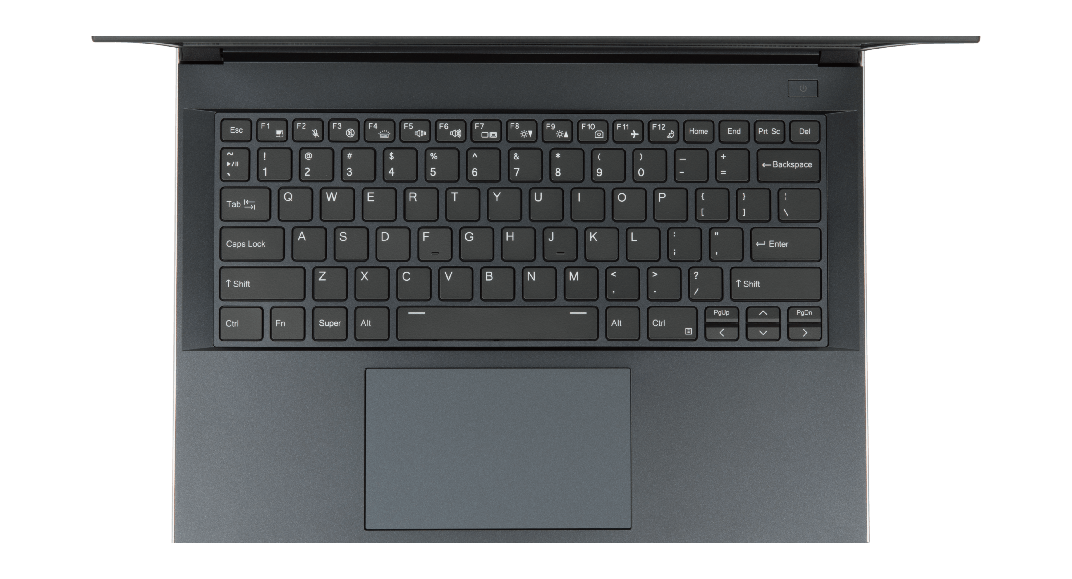 A top-down view of the 14 in Darter Pro laptop’s keyboard and trackpad.