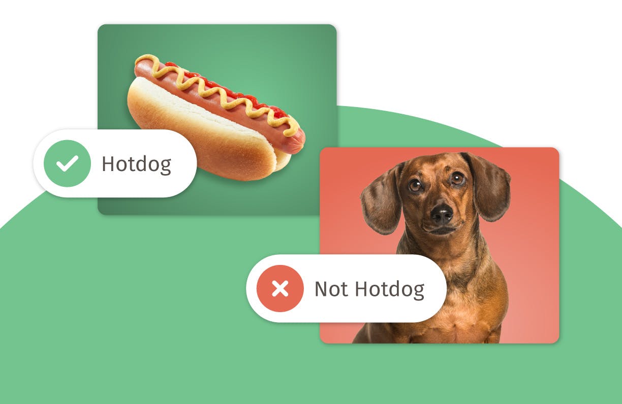 Image featuring two images, one of a hotdog on the left with a checkmark icon and a callout that reads 'Hotdog' and on the right an image of a dachshund dog and call out with an X icon that reads 'Not Hotdog'