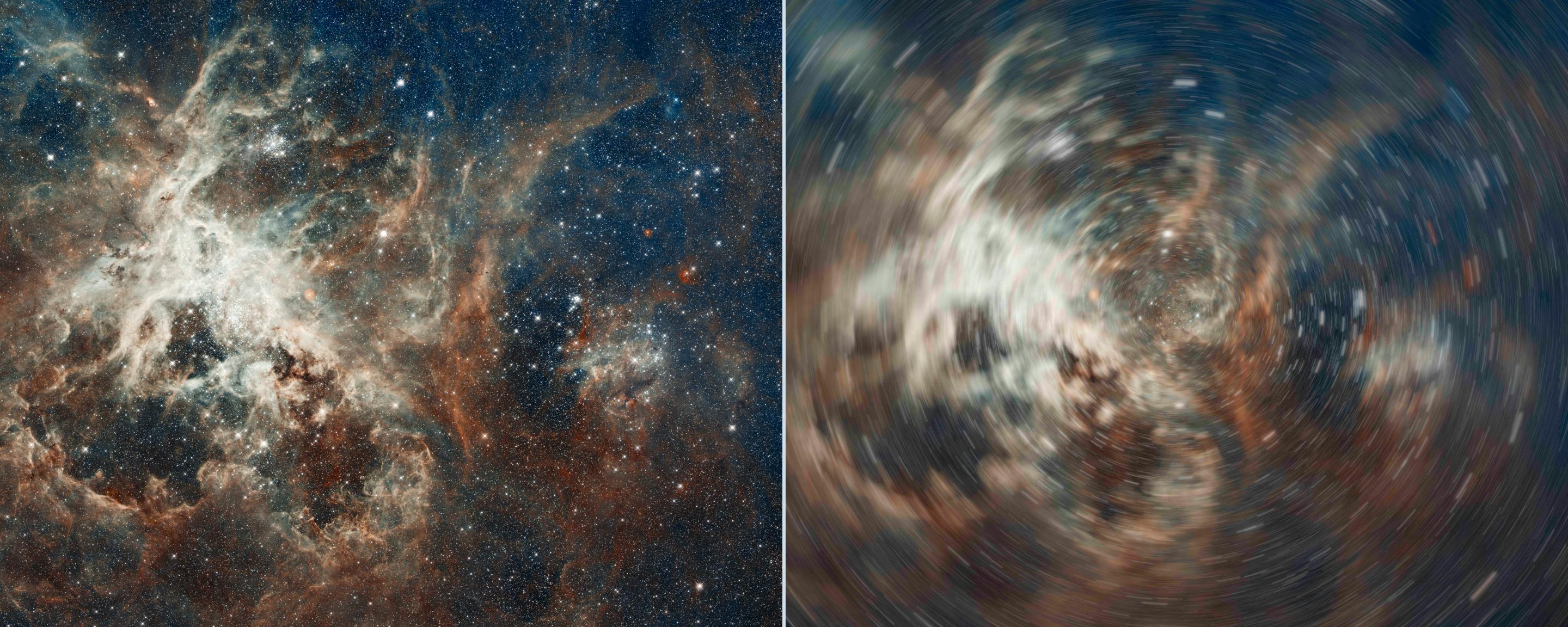 Image of a nebula before and after a circular motion blur is applied. I feel like I'm in a washing machine.