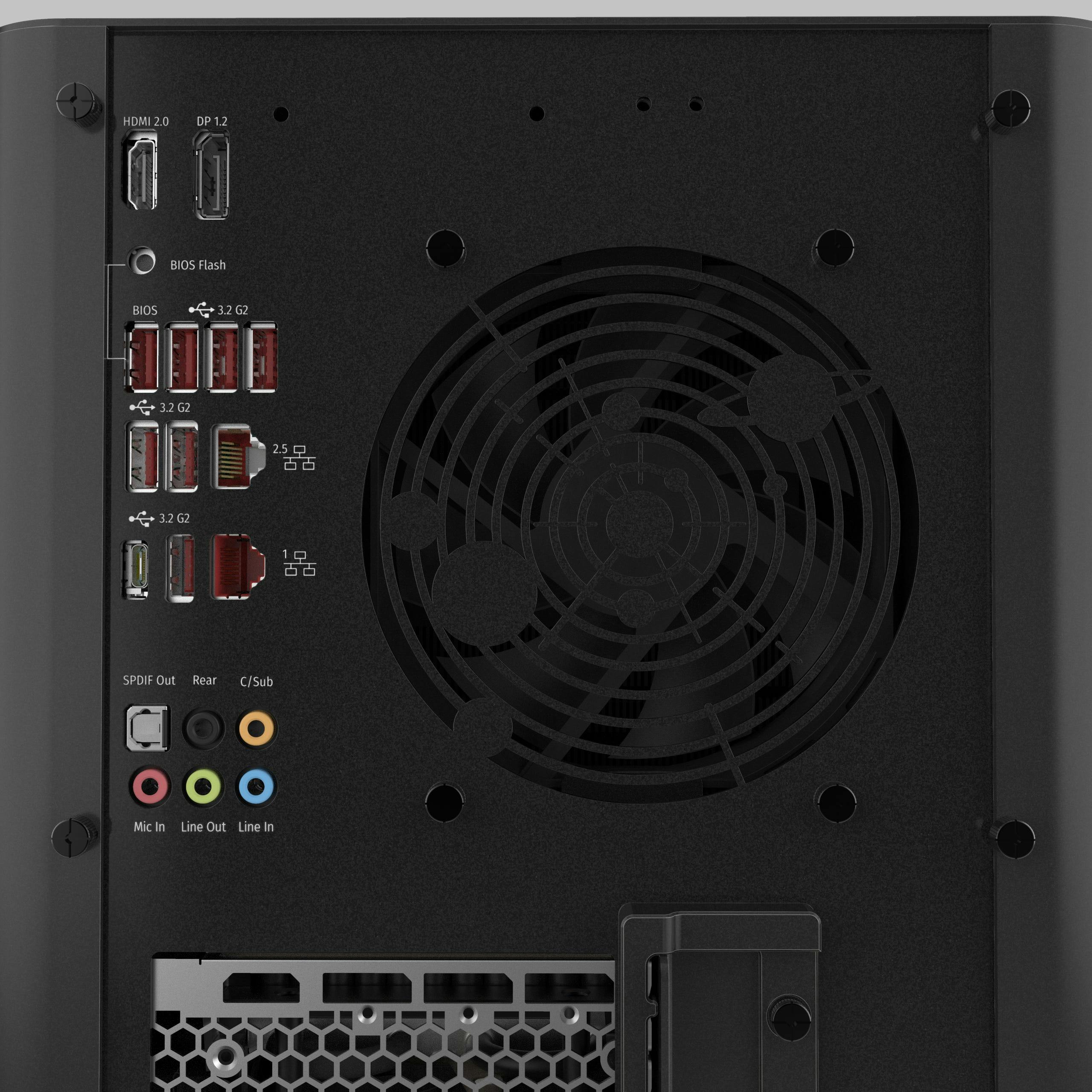 Back view of the machine with ports, the UNIX Epoch exhaust vent, and a plate with the model and serial number.