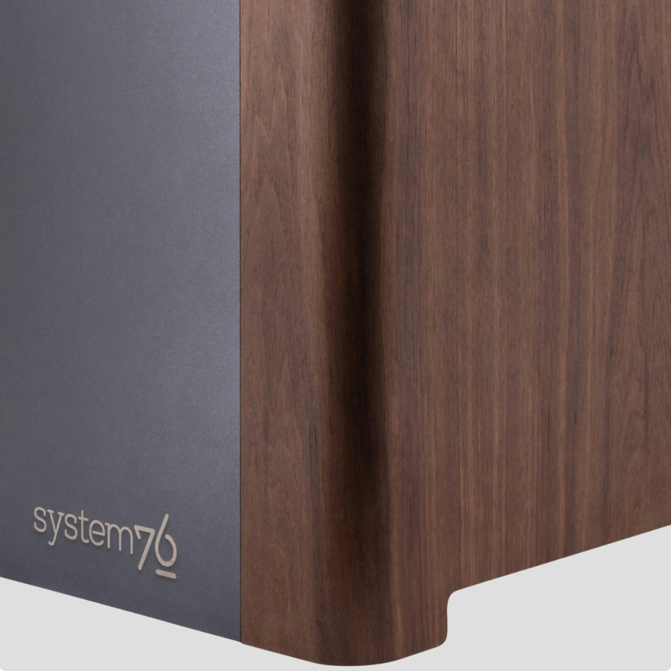 Detail of the exterior showing combination of wood veneer and powder-coated aluminum.