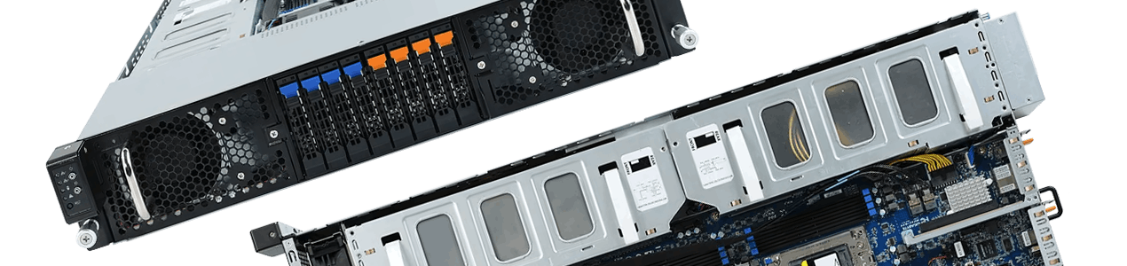 Two Ibex servers artistically arranged showing the front and back of the server