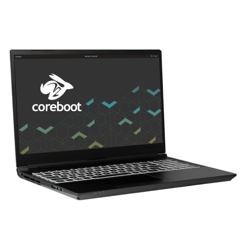 The Oryx Pro laptop featuring the logo of the laptop’s firmware base, Coreboot.