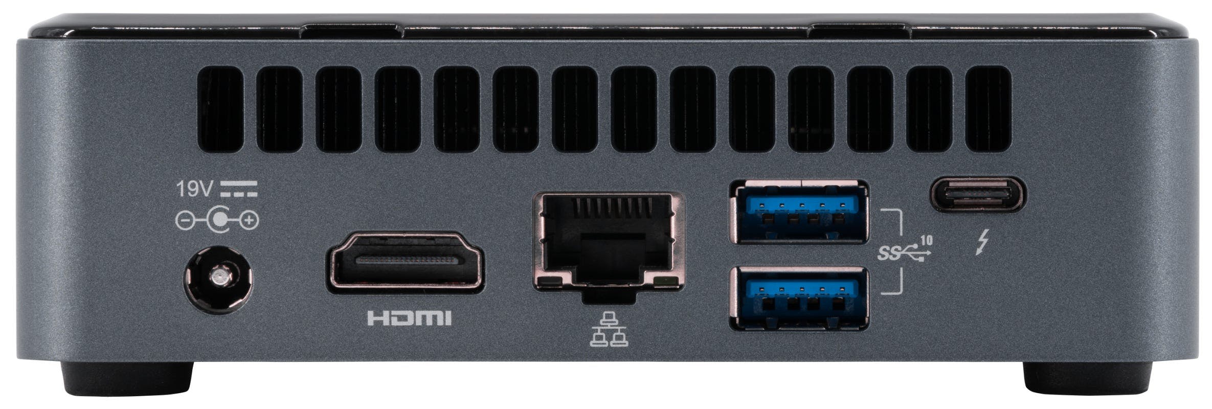 A rear port view of the Meerkat Mini Desktop, featuring USB-A, HDMI, Ethernet, and Thunderbolt via USB-C.
