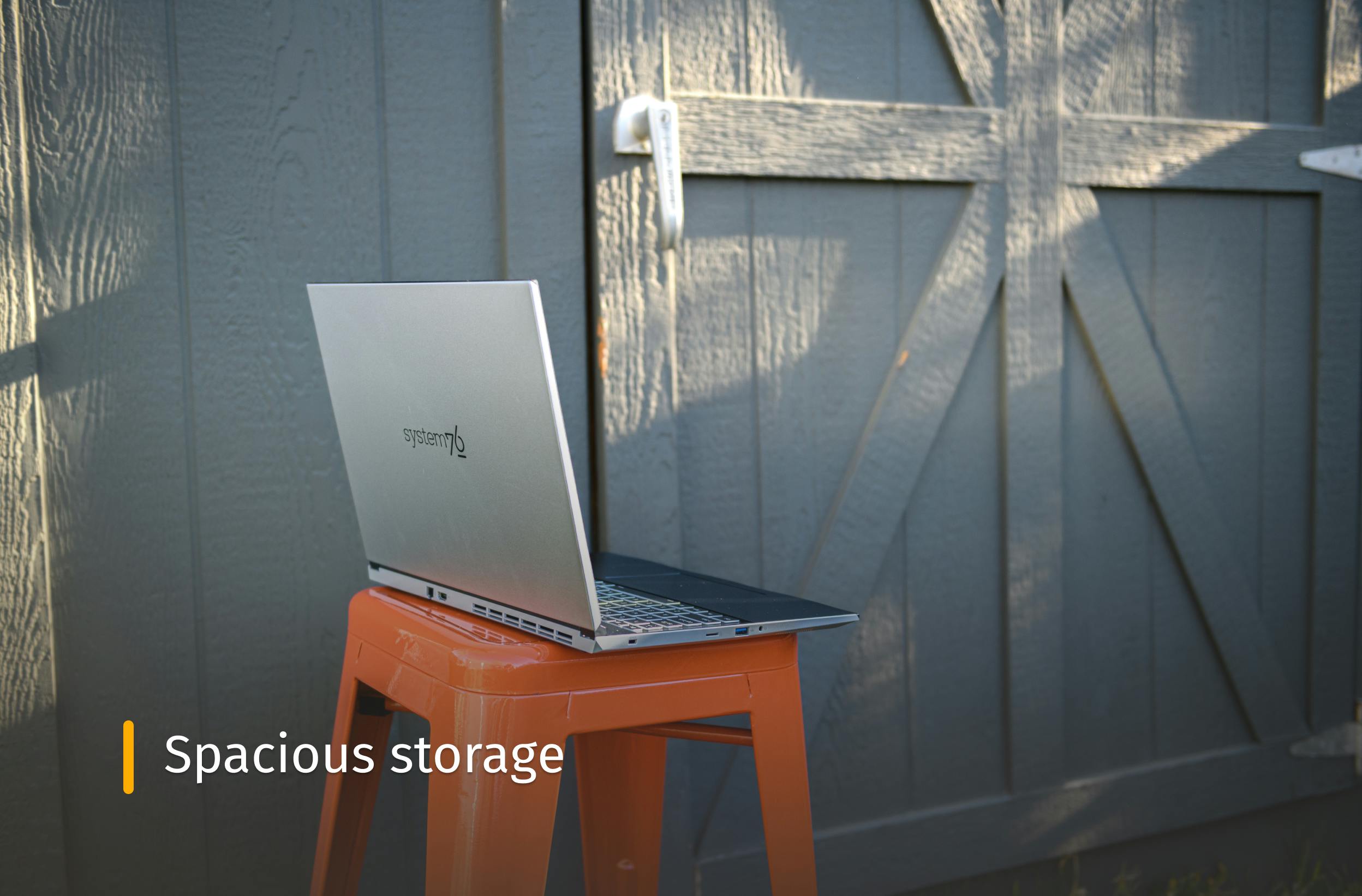 Darter Pro next to an outside storage unit and text that reads "Spacious storage"