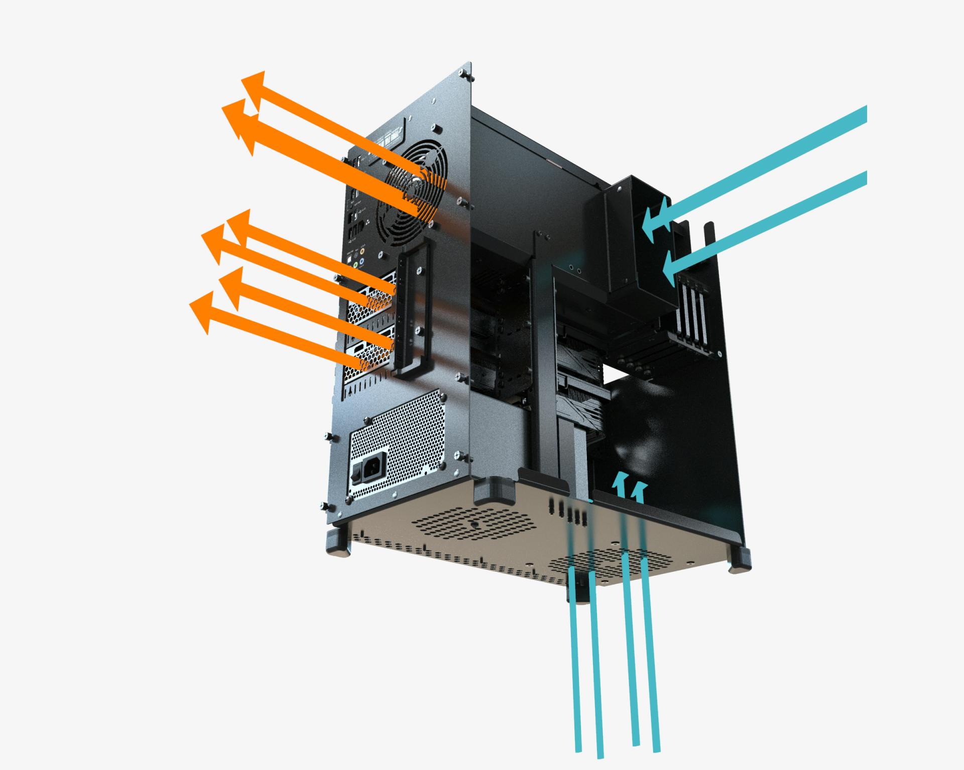 The air flows through the duct to cool the CPU, and is separated from the airflow cooling the GPU.