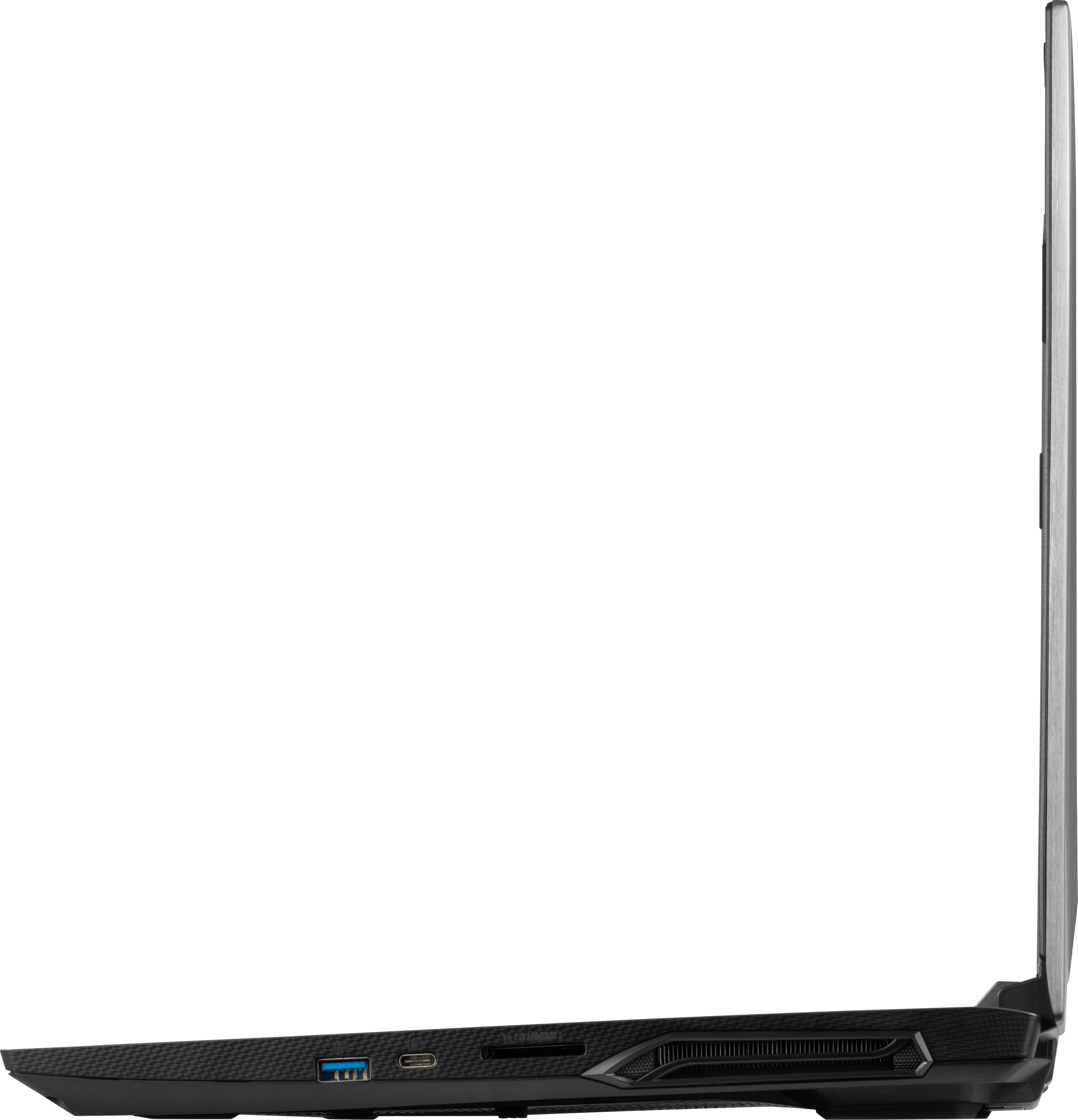 A right profile view of the Gazelle laptop’s ports, including USB, USB-C, and SD card slot.