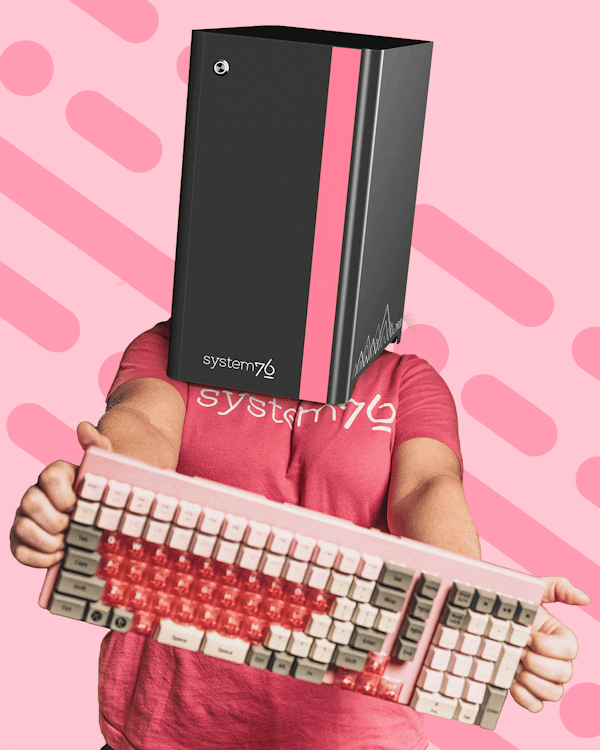 The Keyboardist from the band THELIOHEAD, who wears the Thelio Mega with pink accent on their head, holds a pink mechanical keyboard while animated lines move behind her. Hear her new single, "FLOW", on System76's YouTube channel.