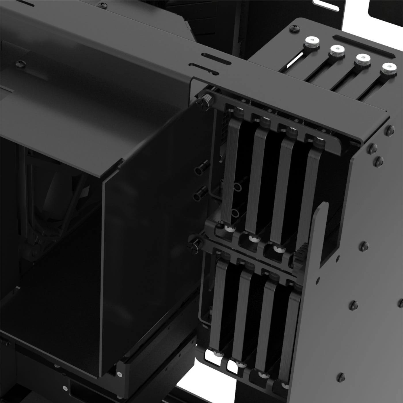 Detail of the machine interior showing storage drives inside the aluminum cages.