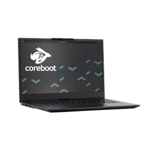 The Lemur Pro laptop opened along with the logo of the laptop’s firmware base, Coreboot.