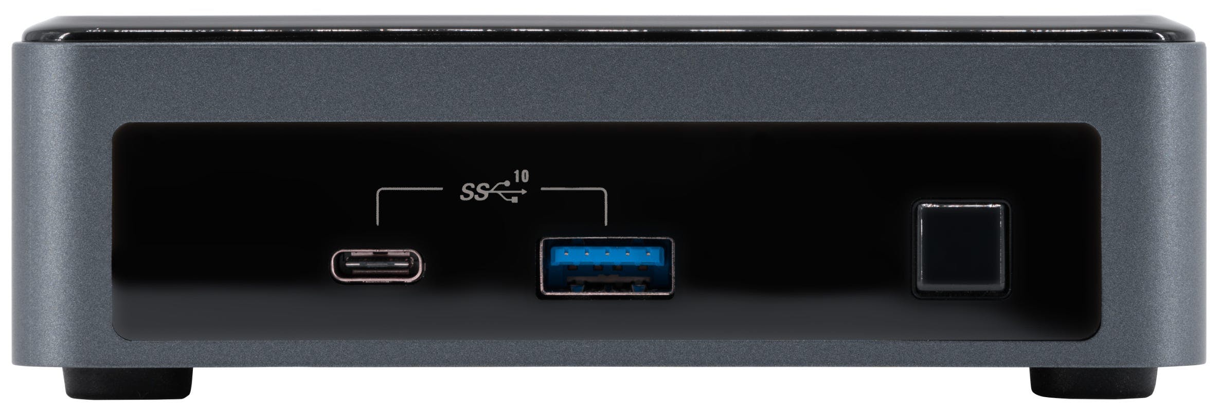 A head-on view of the Meerkat Mini Desktop, featuring USB 3.1 Type-A and USB Type-C.