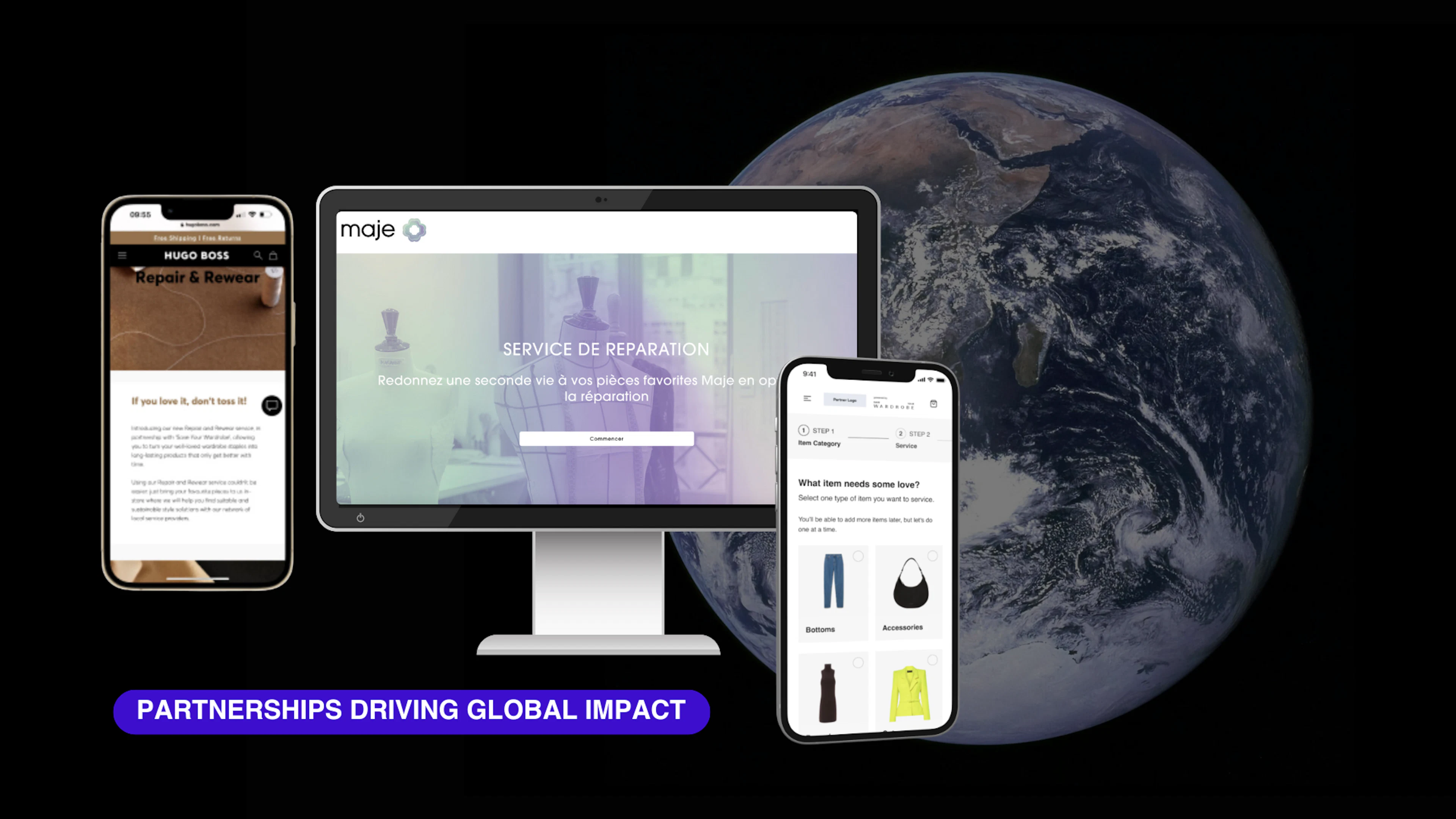 Image depicting three screens which show Save Your Wardrobe's B2B partnerships with HUGO BOSS, Maje and their own white label. solution