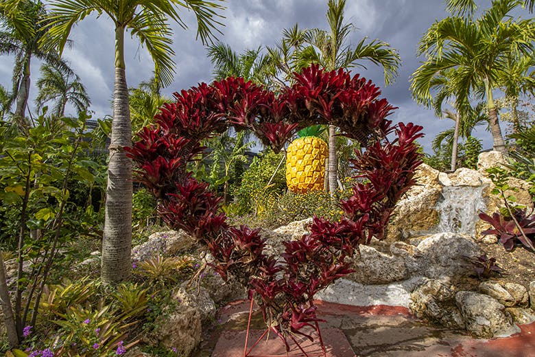 ナゴパイナップルパーク｜パイナップルでできた赤いハード型の植栽と、奥に見えるビッグパイナップル
