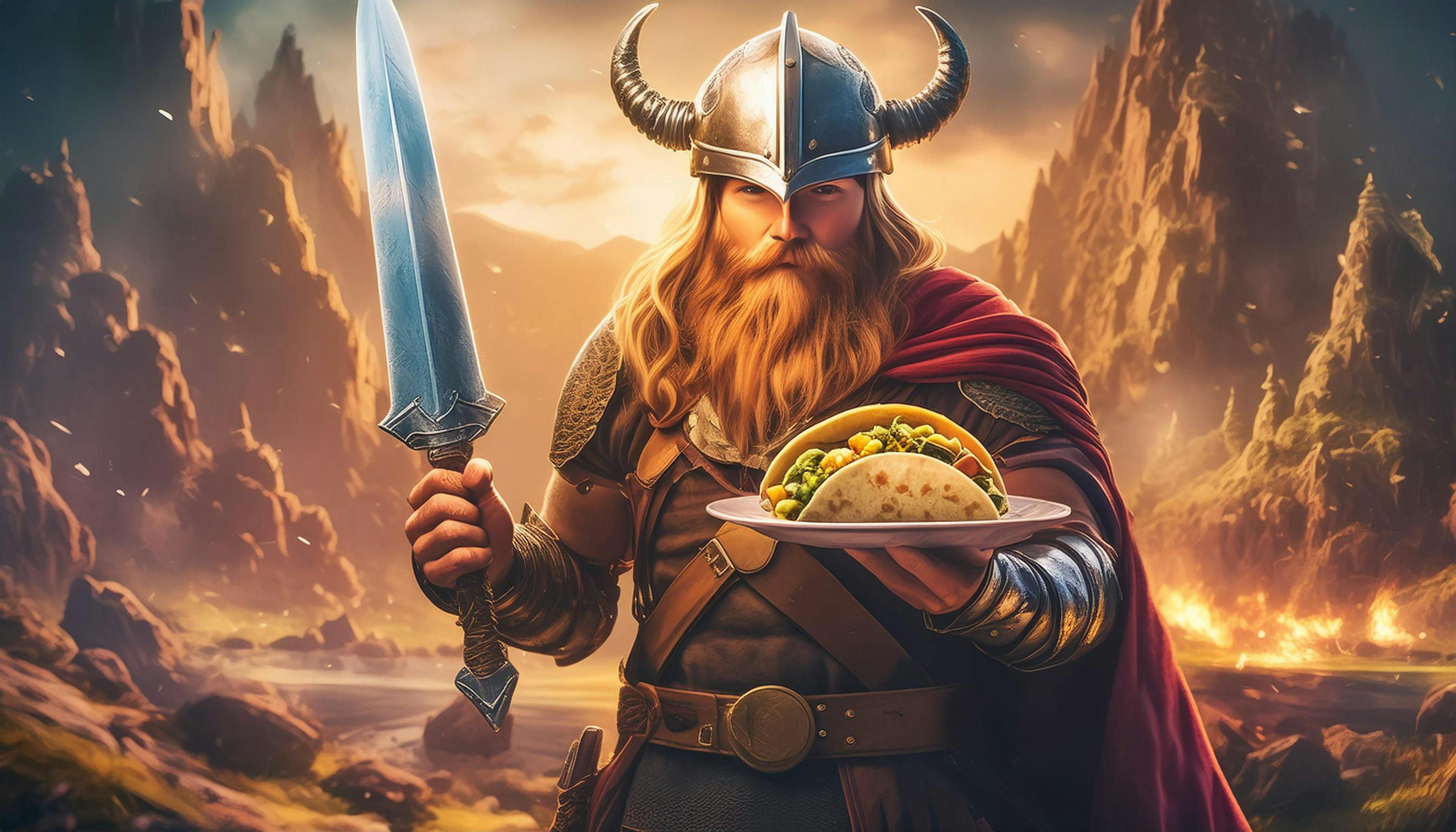 Viking holding a taco and a sword