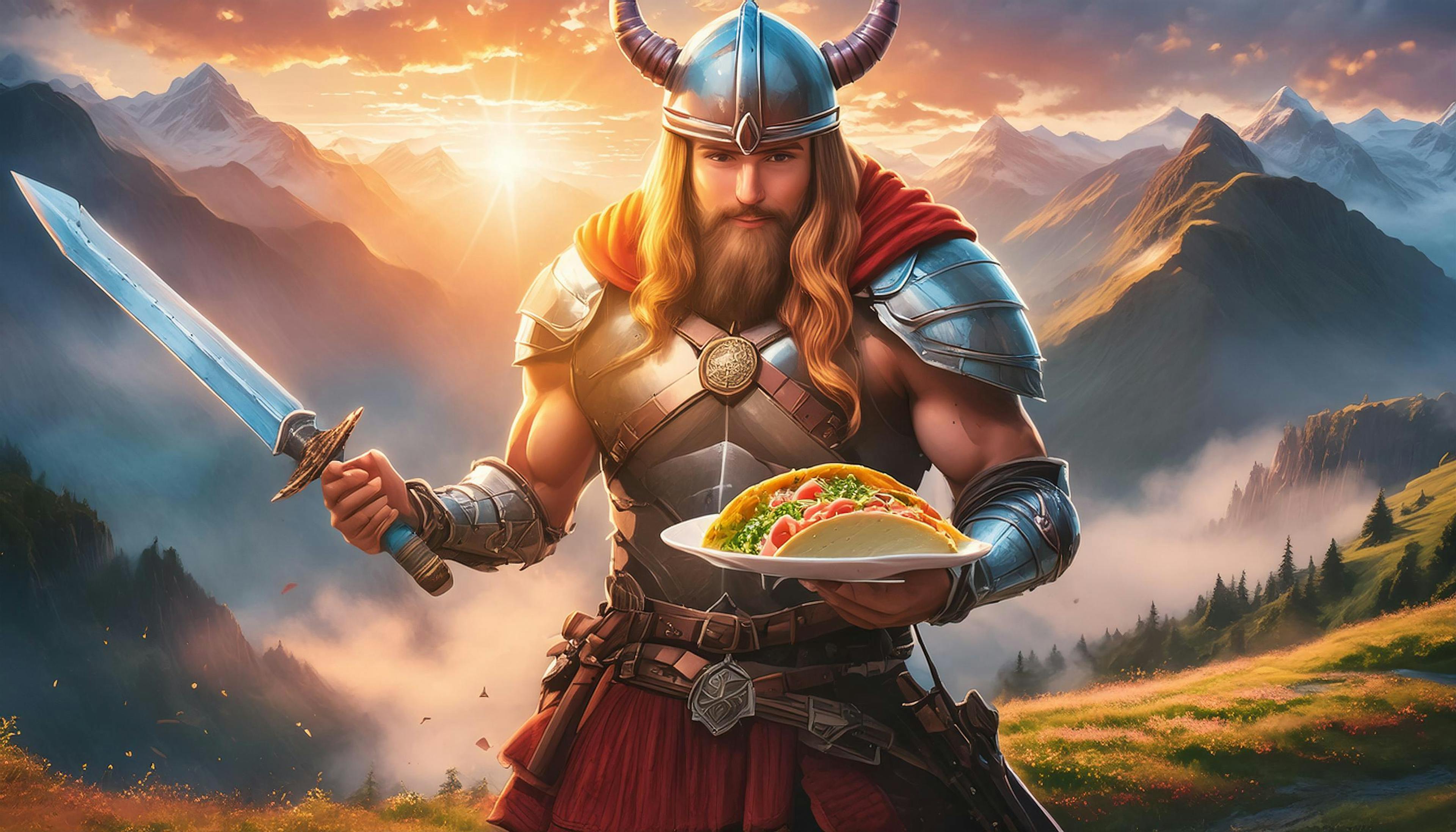 Viking waving a sword while holding a taco