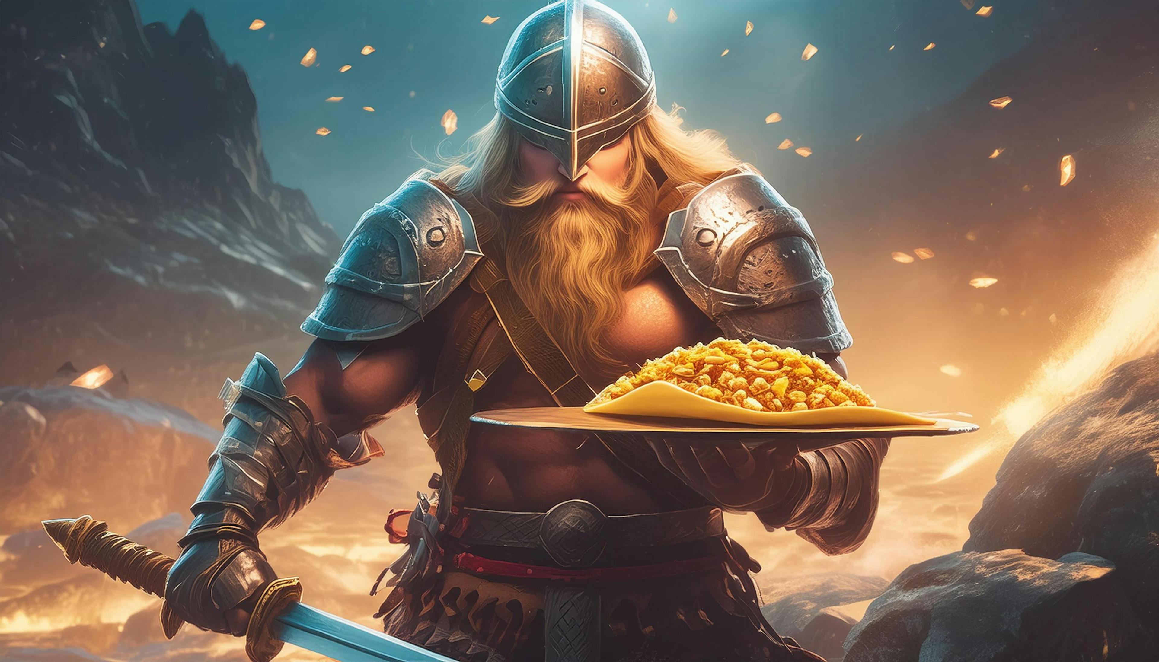 A viking holding a large taco with a sword