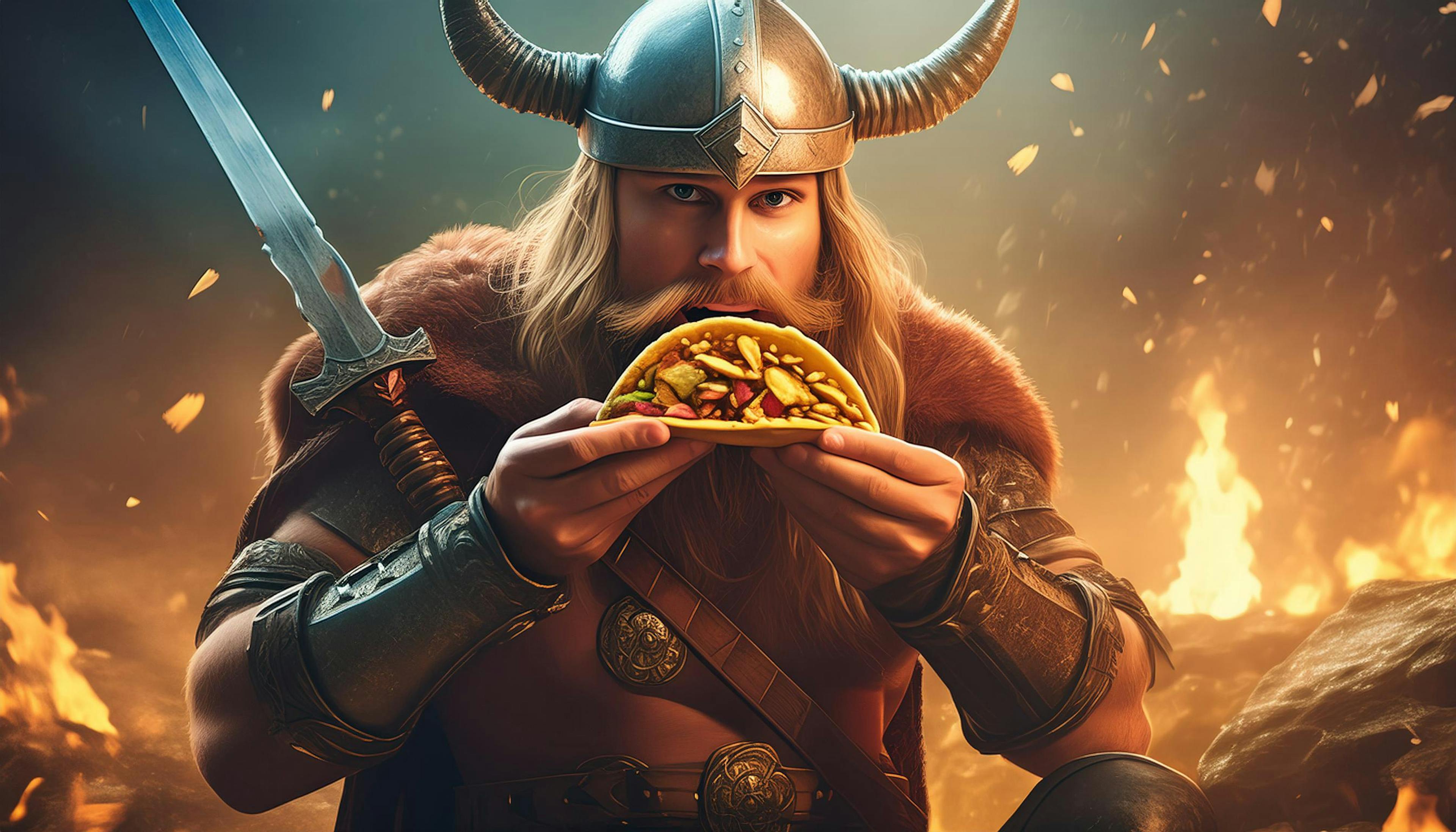 A viking taking a bite of a taco