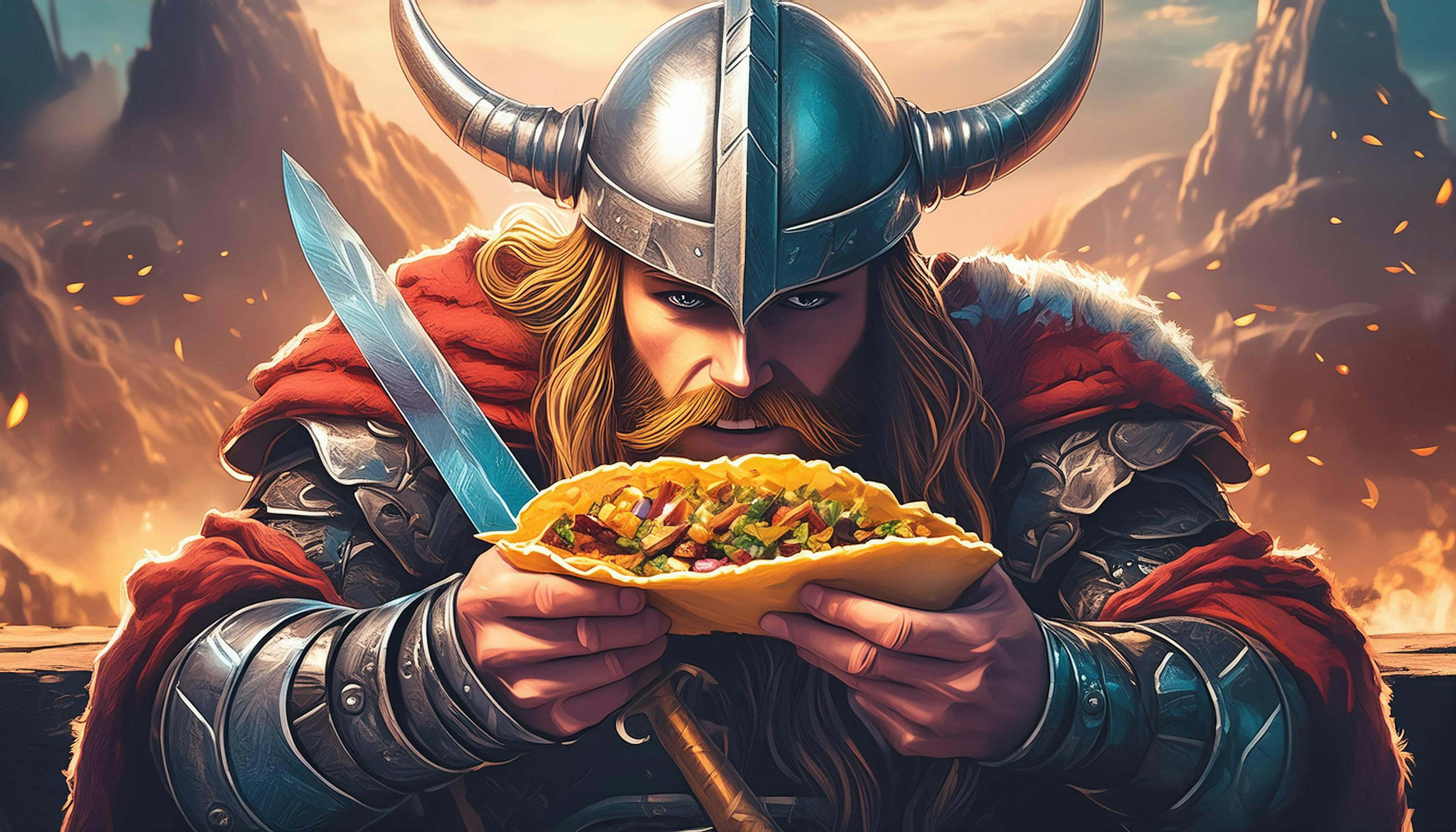 A viking grimacing witha taco and a sword