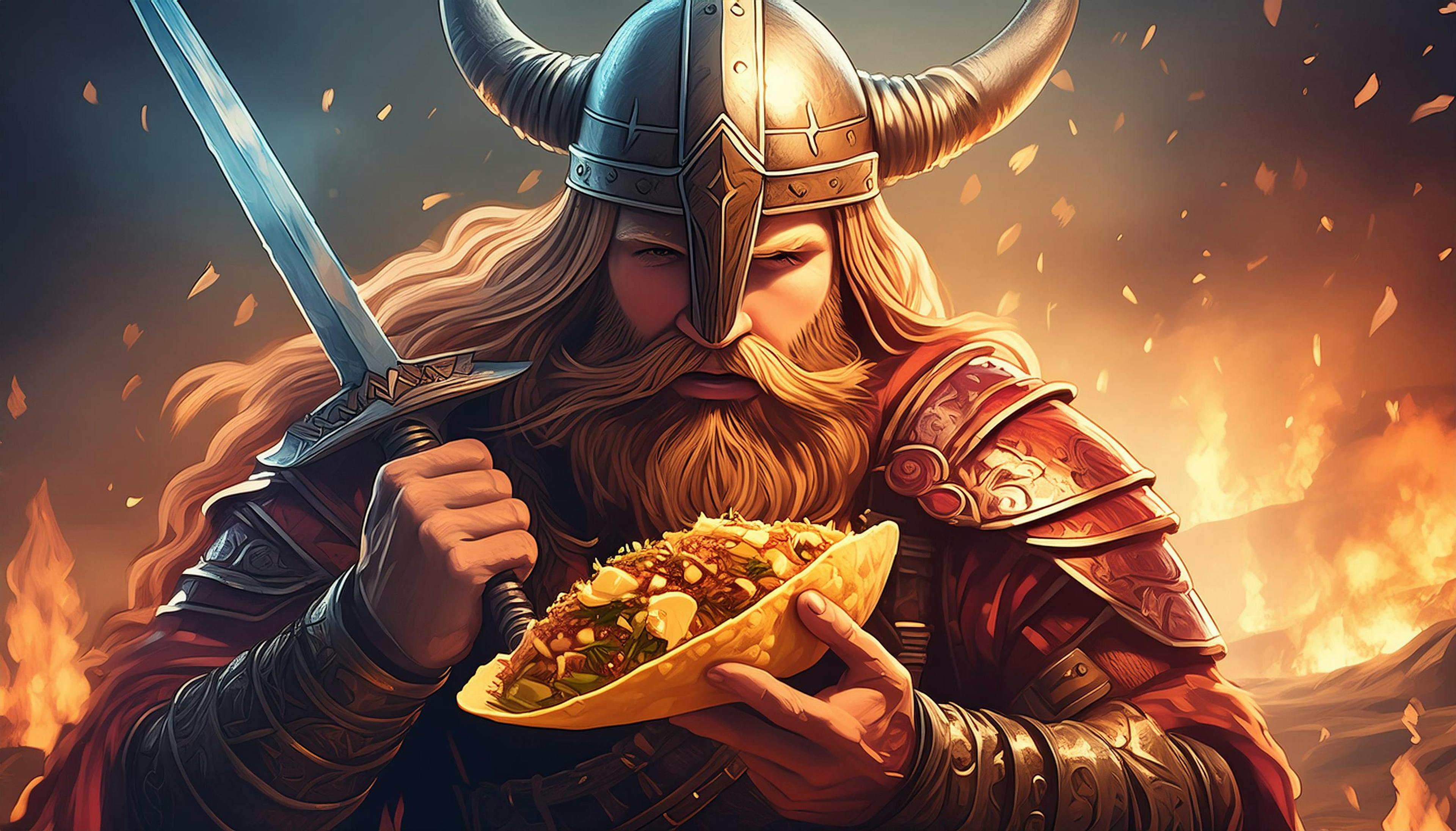 A viking with a sword holding a taco