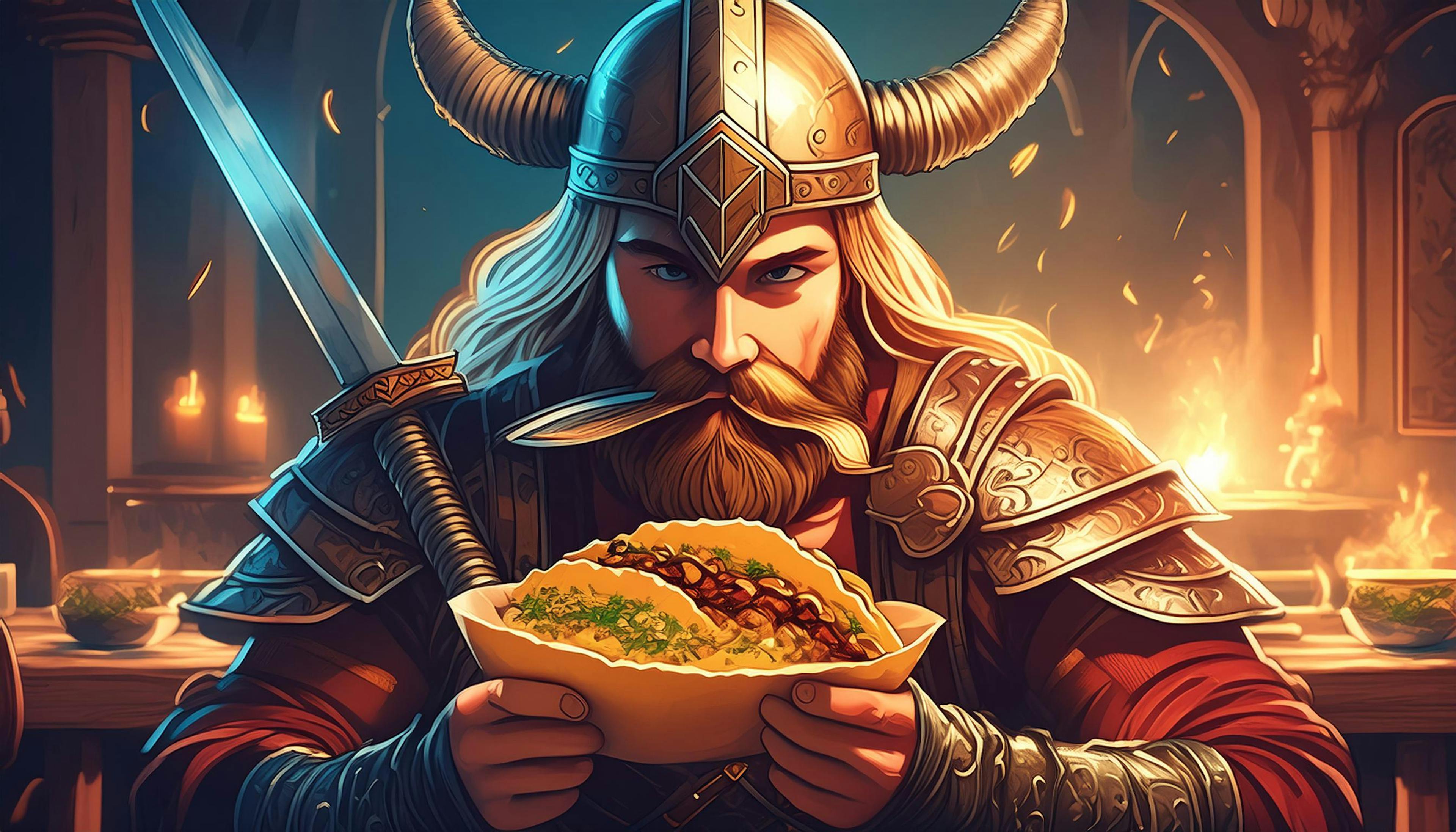 Viking holding a taco and sword