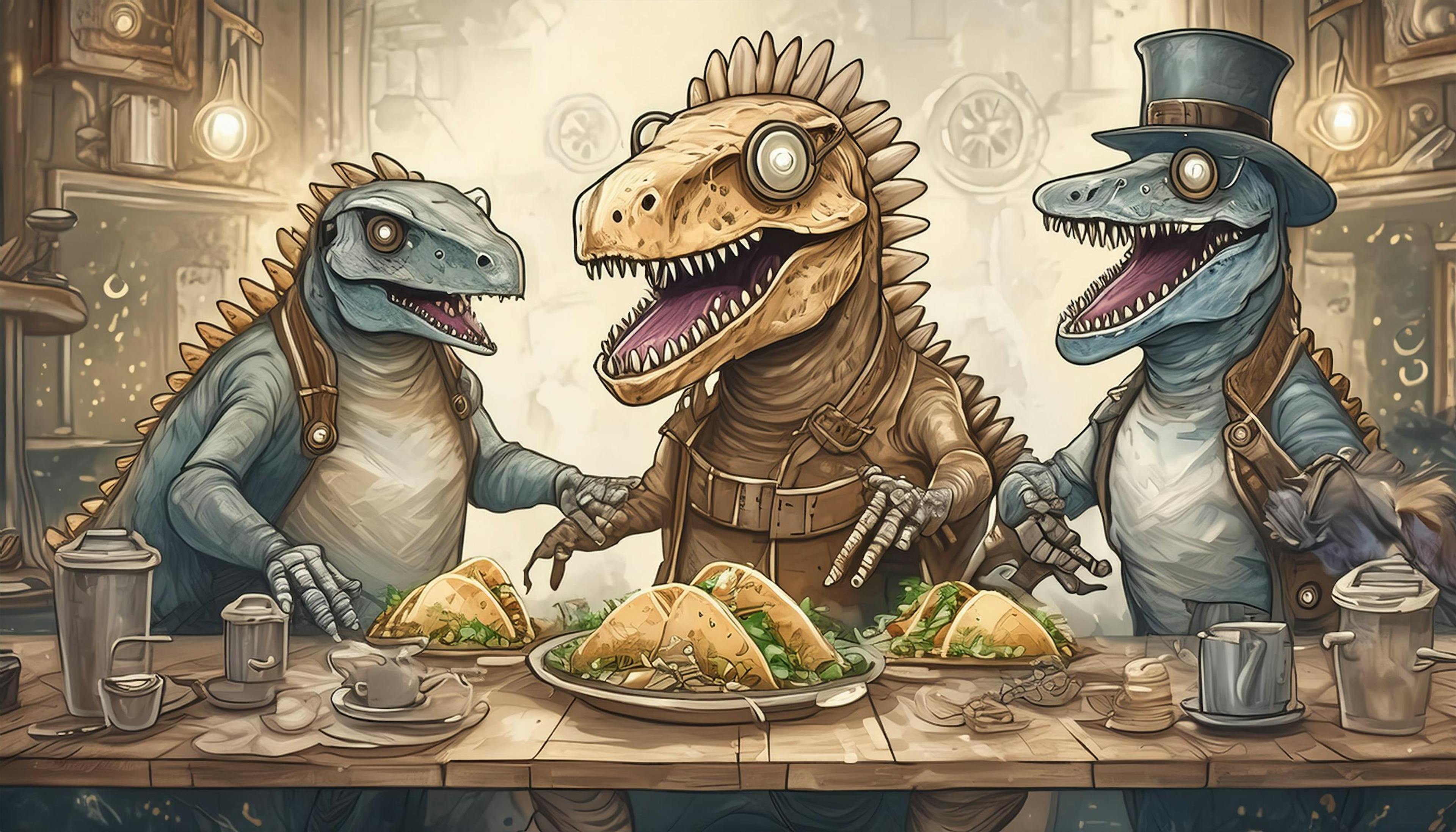 Why did the dinosaurs gather for a taco party in their steampunk attire? Because even in a world of gears and goggles, they knew tacos were the real invention worth celebrating!