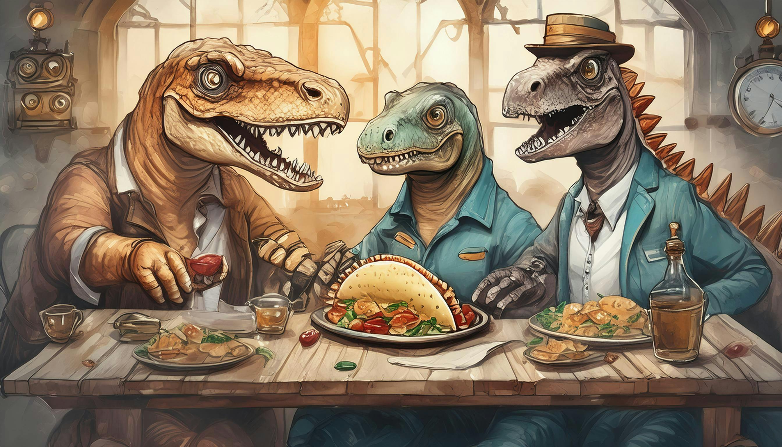 Why did the dinosaurs enjoy tacos in their steampunk gear? Because they wanted to combine the age of steam with a prehistoric 'taco-saur' treat for the ultimate 'gear-munching' experience!