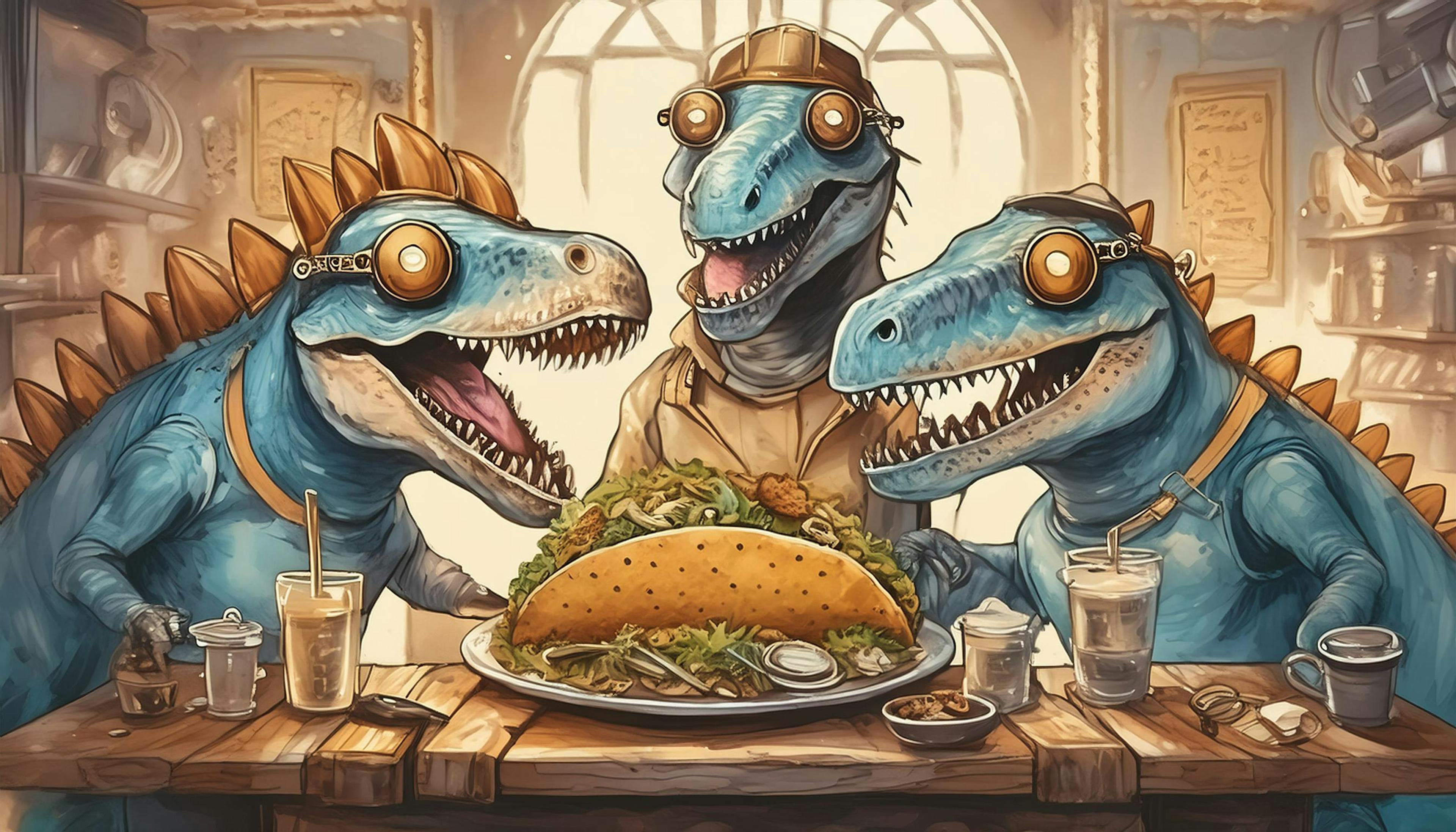 Why did the dinosaurs have a taco party in their steampunk outfits? Because they wanted to enjoy a 'gear-licious' feast while blending Victorian style with Jurassic 'taco-logy'!