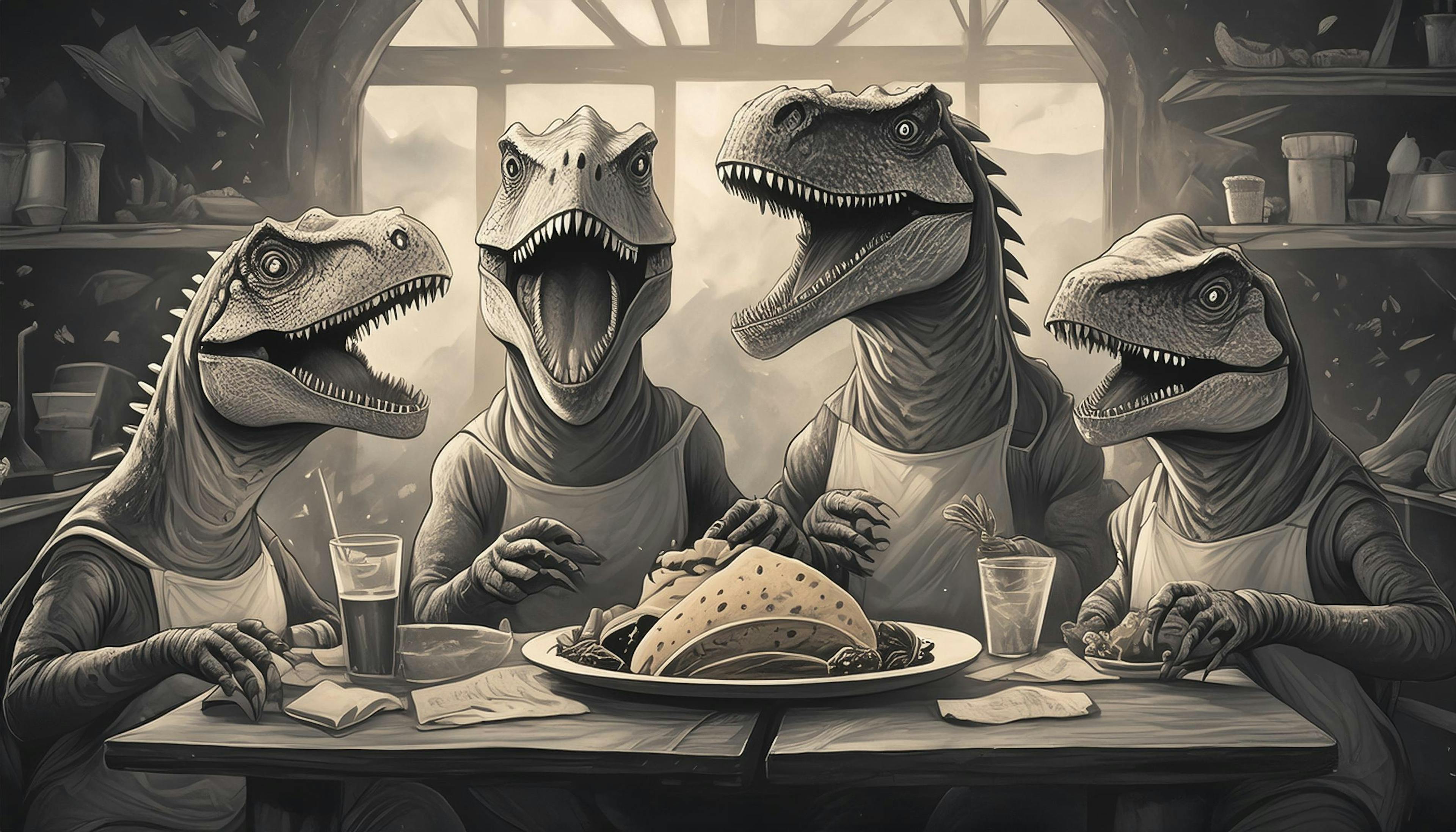 Why did the dinosaurs throw a black-and-white taco party? Because they wanted to keep things 'dino-mite' simple while proving that tacos are delicious in any era, color or not!