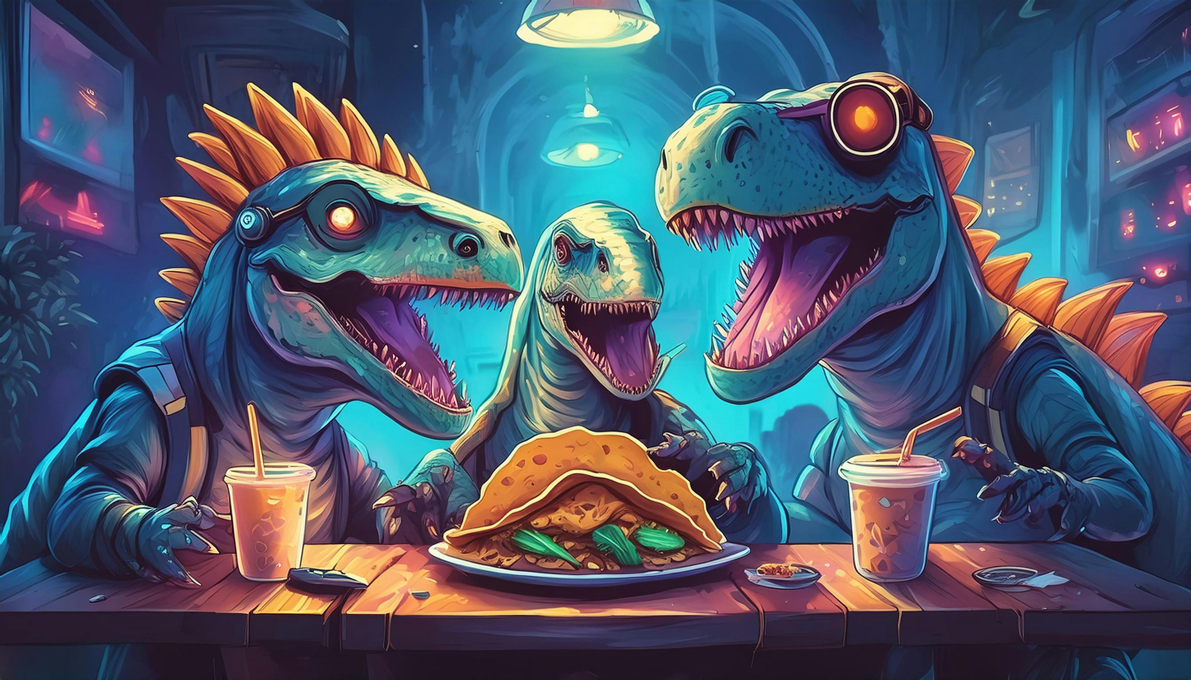 Why did the dinosaurs throw a neon taco party? Because they wanted to 'brighten' up the Jurassic era with some 'taco-rific' fun and vibrant colors!