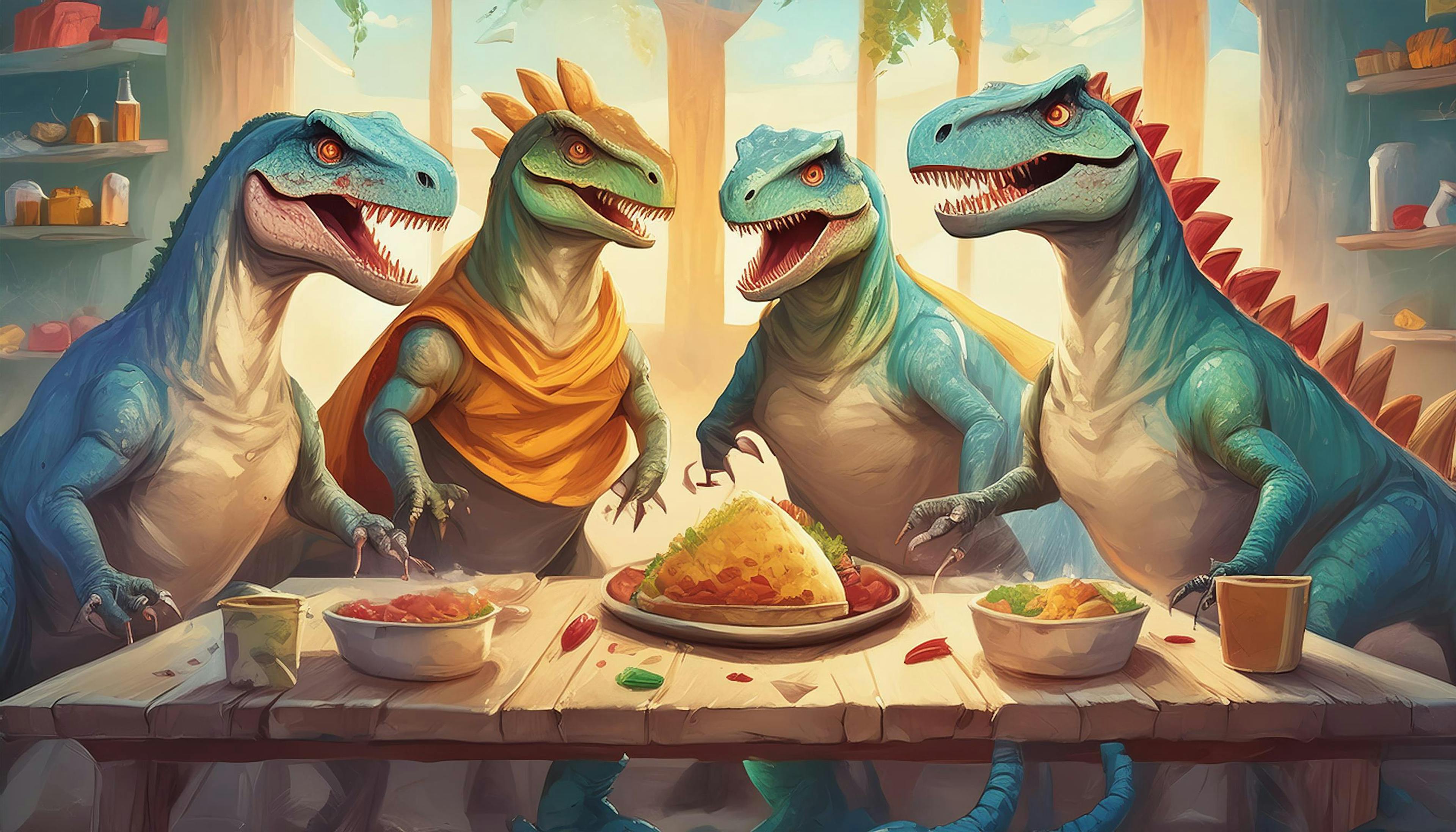 Why did the dinosaurs throw a taco party with such bright colors? Because they wanted to make sure their 'dino-mite' feast was lit up and 'taco-tally' unforgettable!