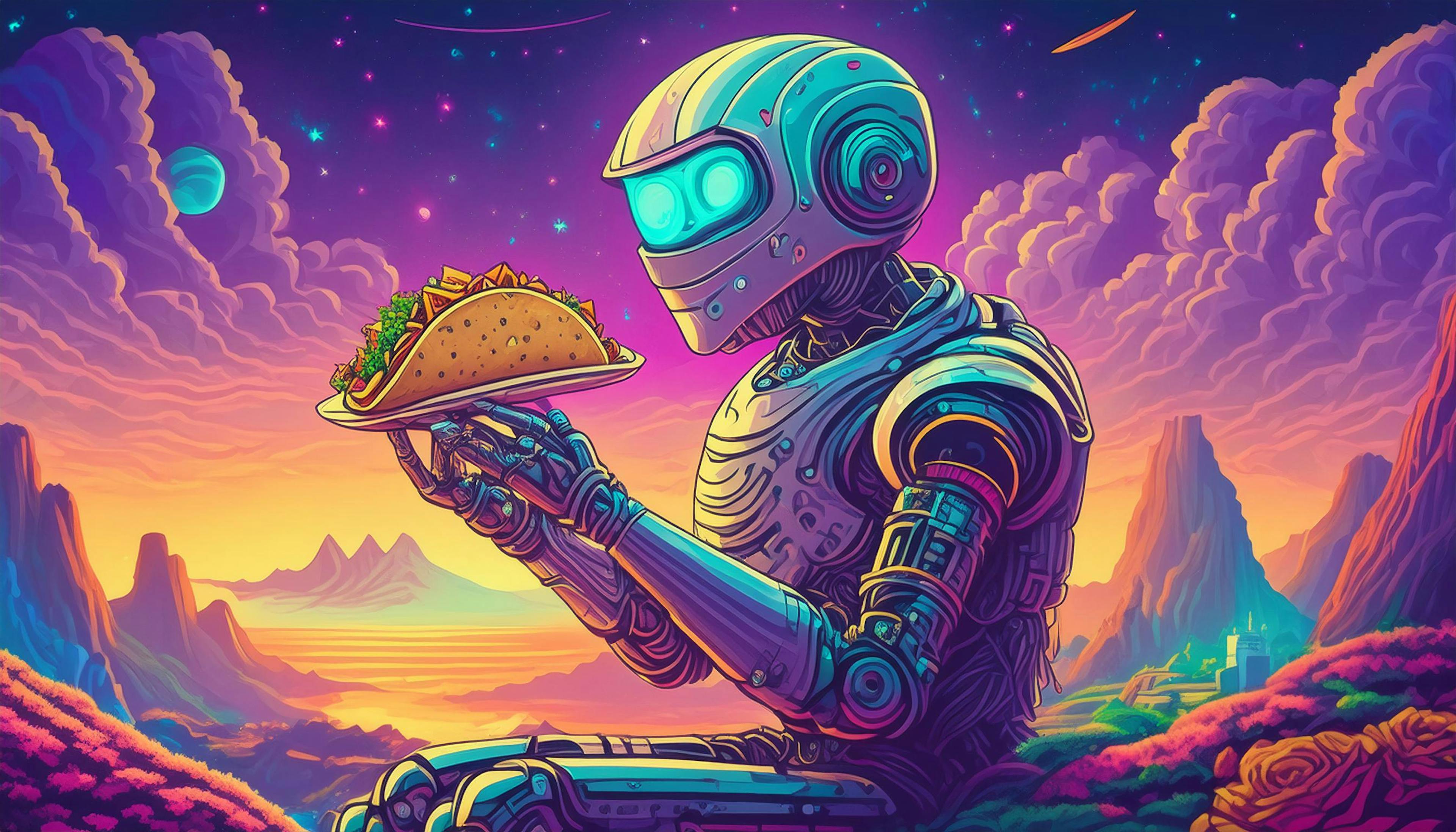 Why did the lonely robot eat a neon-colored taco? Because it needed a 'glow-up' with a 'byte' of flavor!