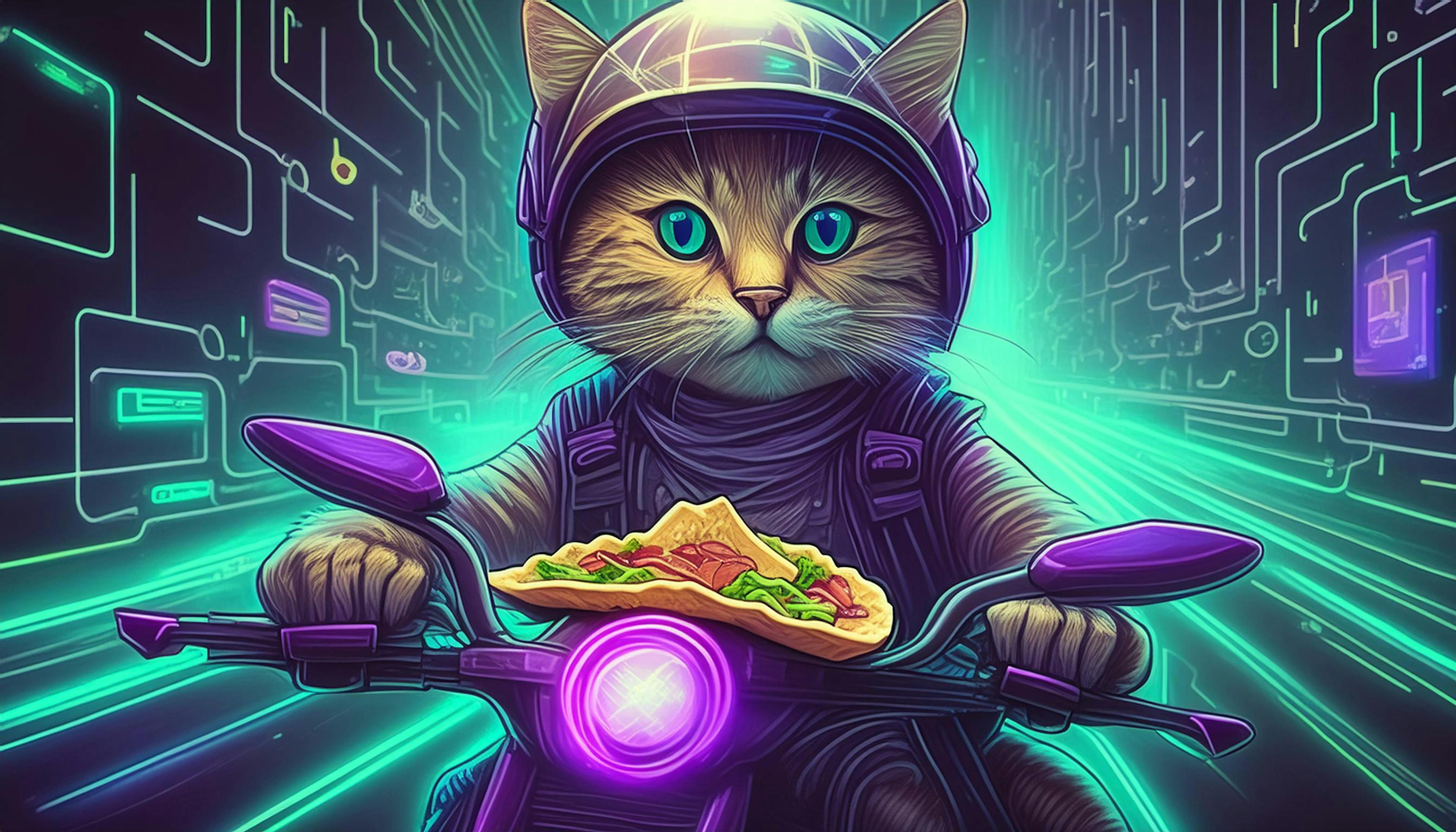 Looks like this cat's delivering more than just tacos – it's a meow-torcycle delivery!