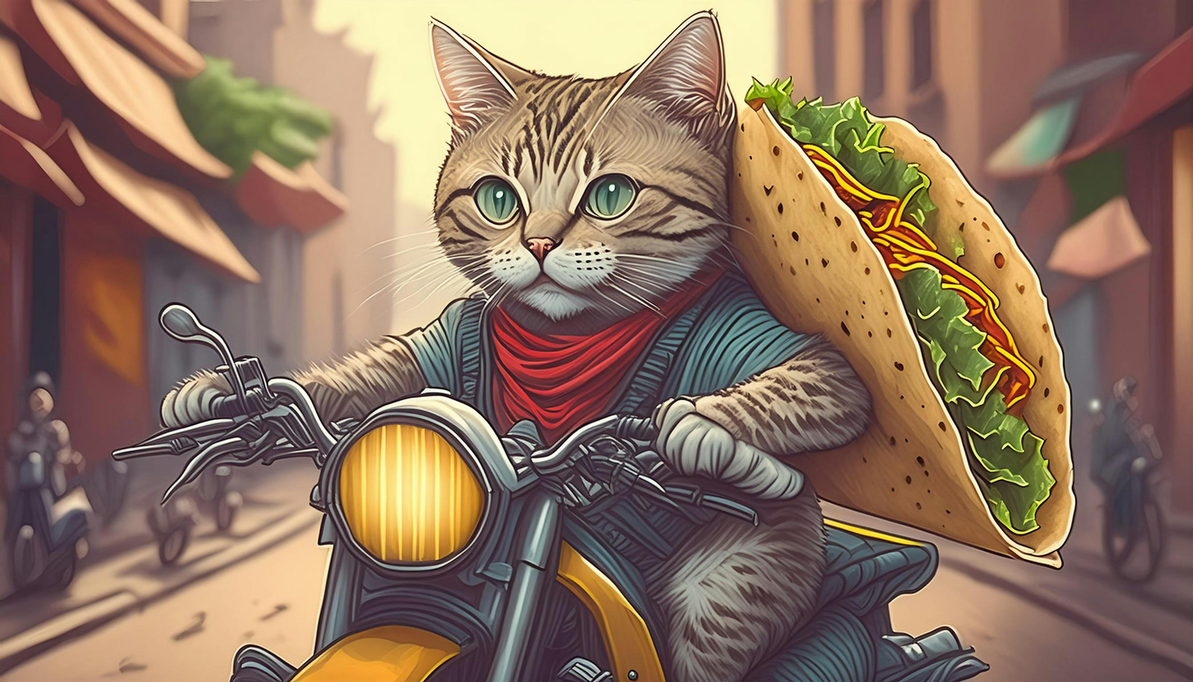 Looks like this feline is on a mission to deliver some 'purrfect' tacos! Talk about a 'meowtorcycle' express!